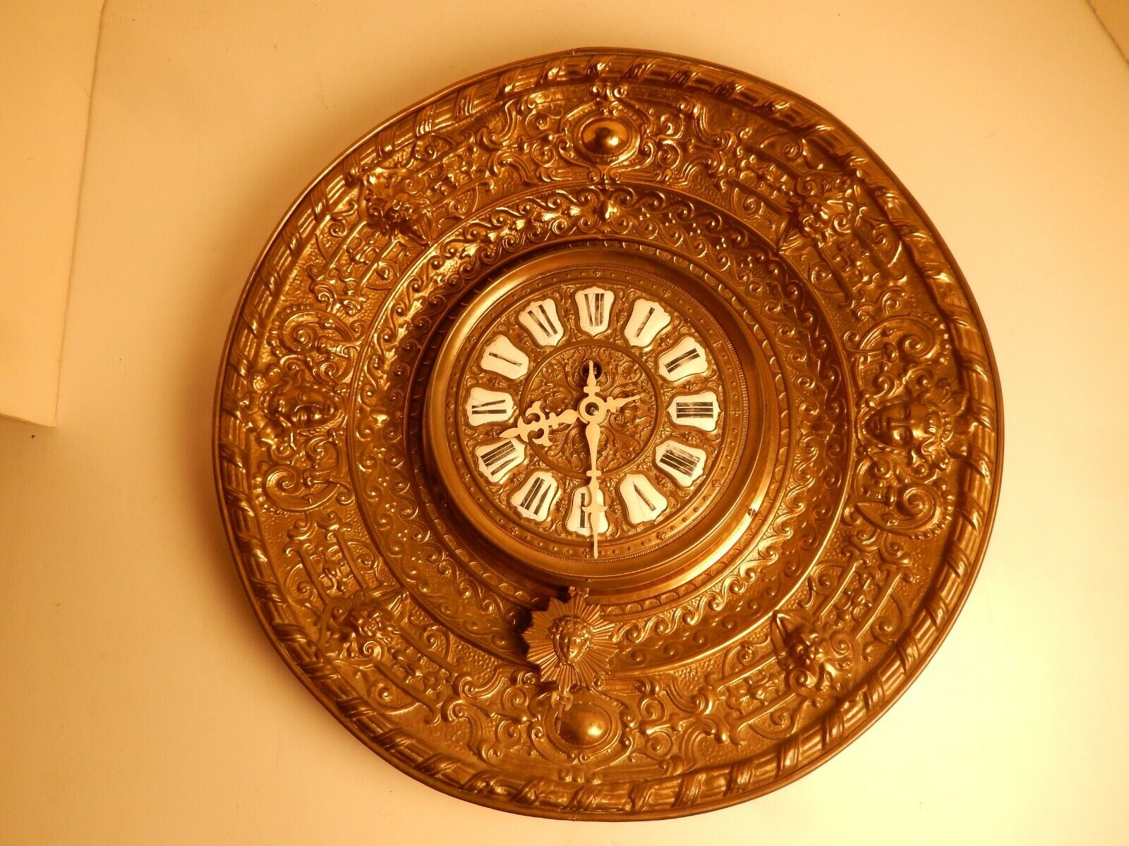 Vintage Antique Eugene Farcot French Repousse Brass Wall Clock 1864-1888 PARIS 