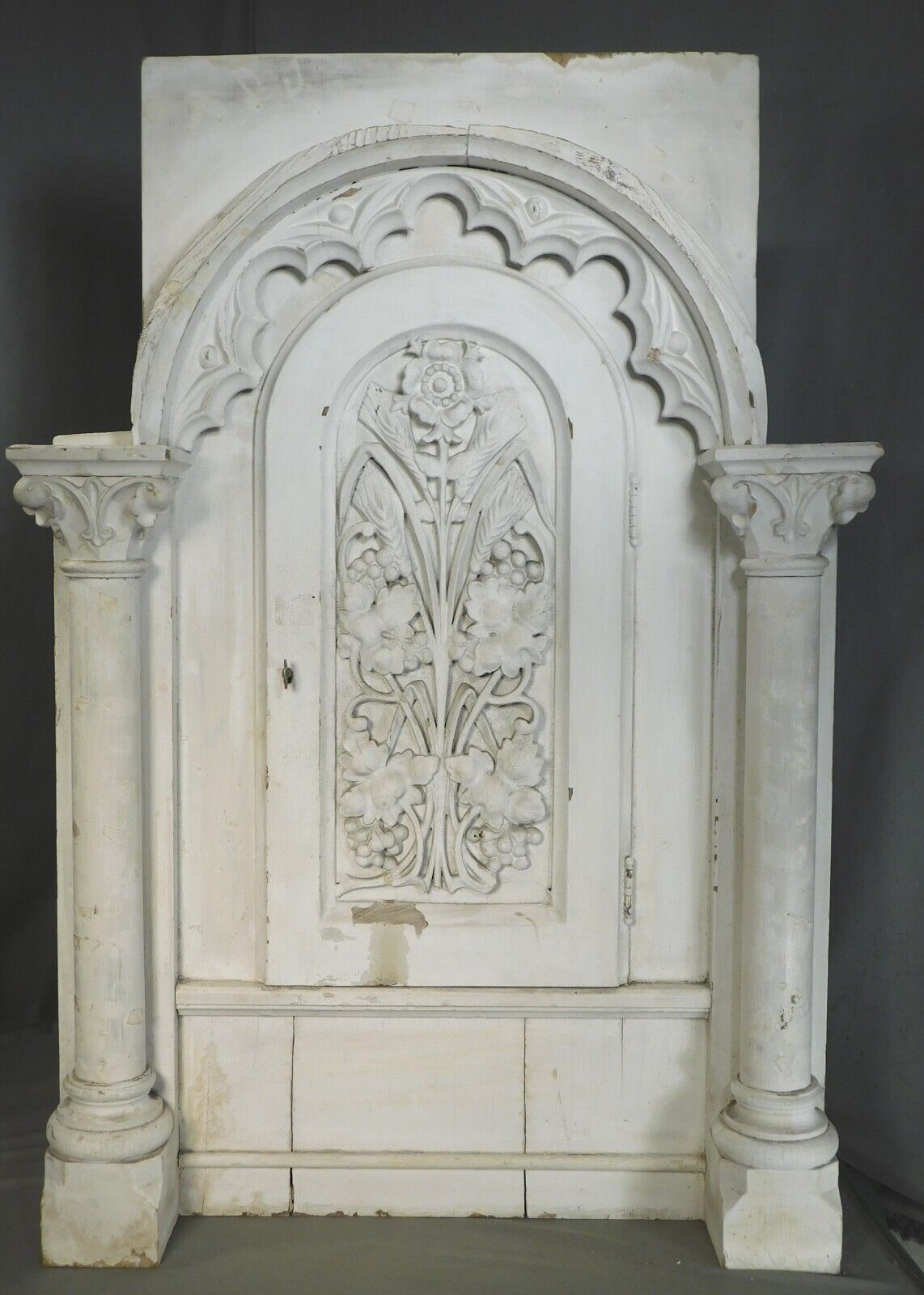 Antique Carved Wood Architectural Cabinet Gothic Tabernacle Chippy White Paint