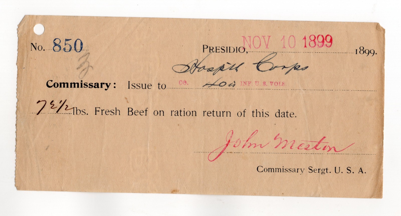 1899 - Spanish-American War Infantry Volunteers Beef Ration Presido CA - XL5U