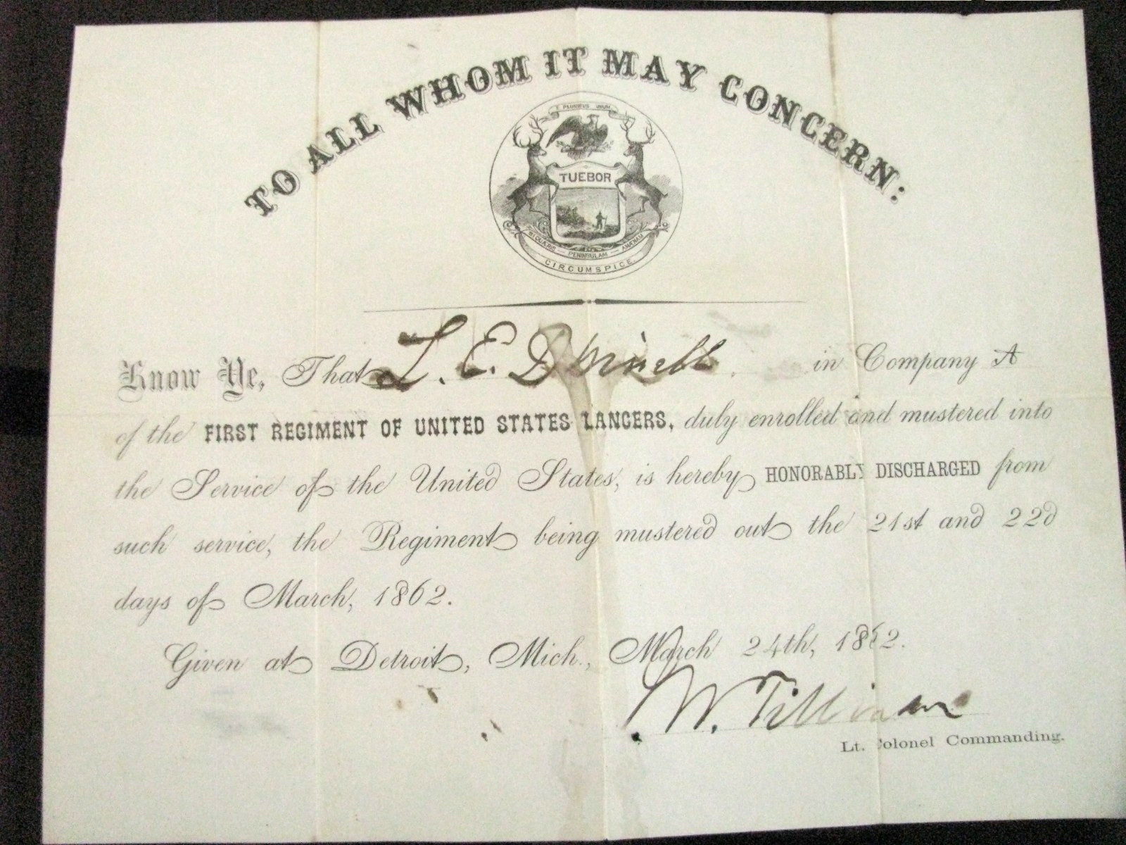 CIVIL WAR MICHIGAN FIRST US LANCERS DISCHARGE 1862