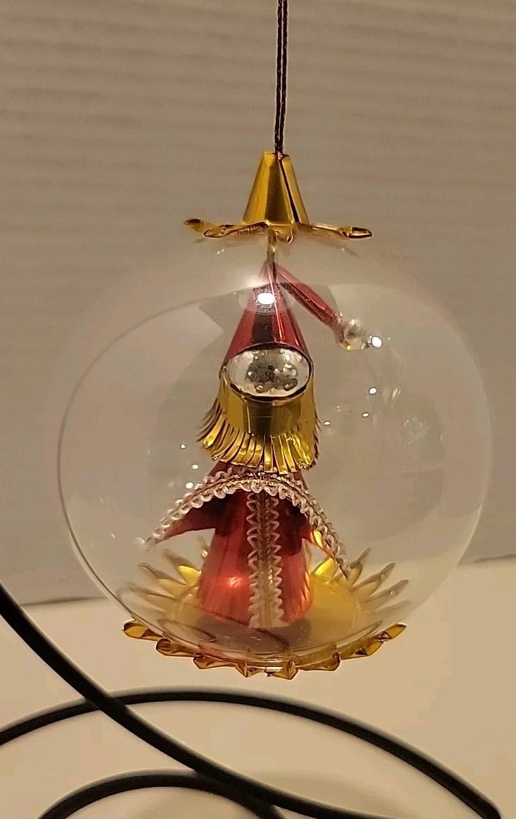Vtg  Resl Lenz Western Germany Glass & Foil Christmas Ornament Spinner MCM Santa