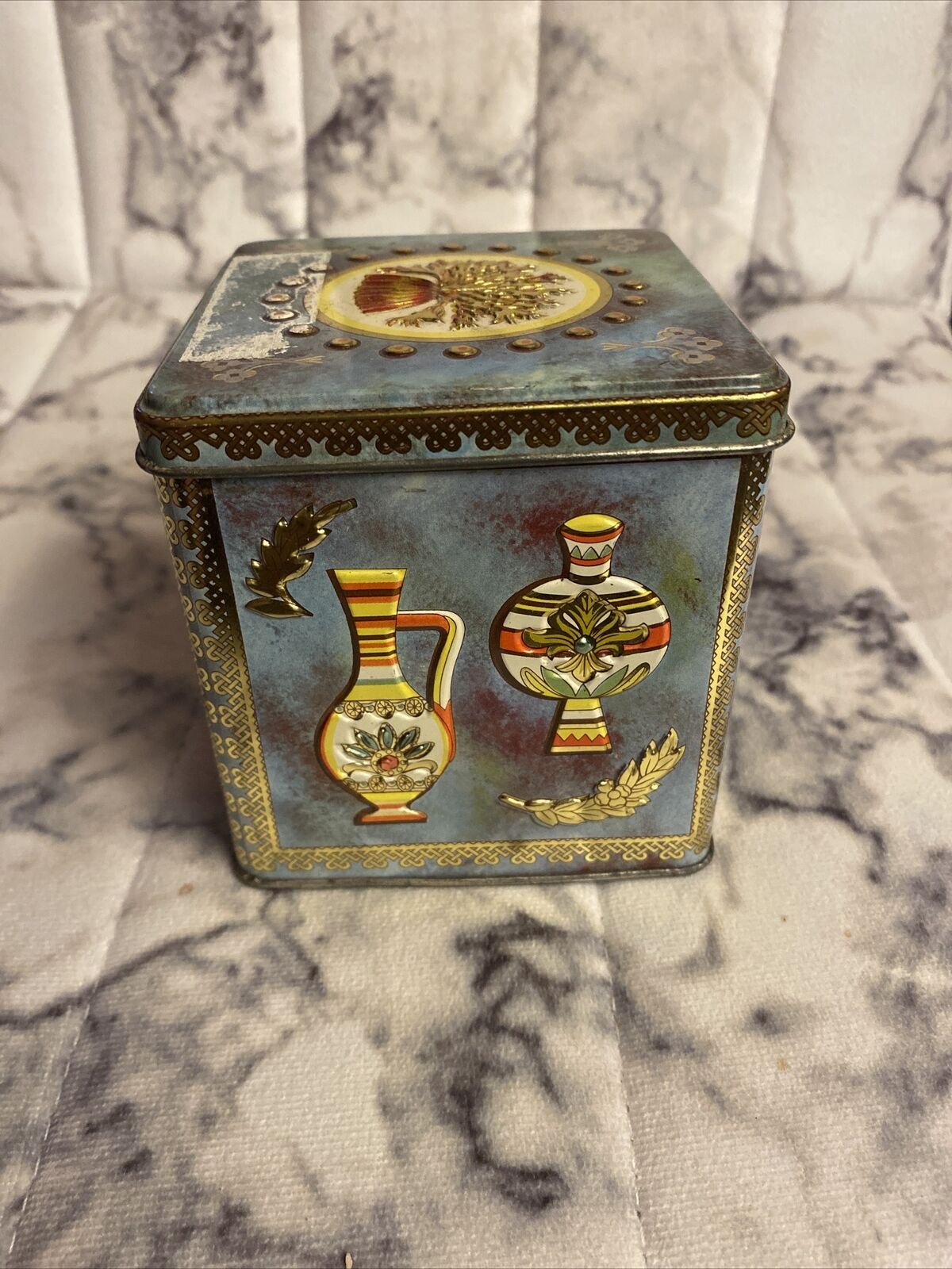 Vintage Baret Ware Grace Art Container Deco Tea Tin England Vase Leaves Gold MCM