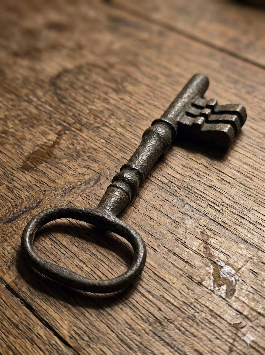 Large 18th Century Wrought Iron Key, Rare Warded Bit, Baluster Collar Ring Shaft