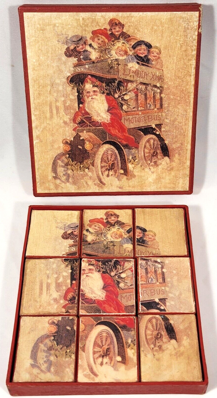 vintage Daddy Xmas Motor Bus 9 piece large wood Block Puzzle santa Christmas vintage Daddy Xmas Motor Bus 9 piece large wood Block Puzzle santa Christmas