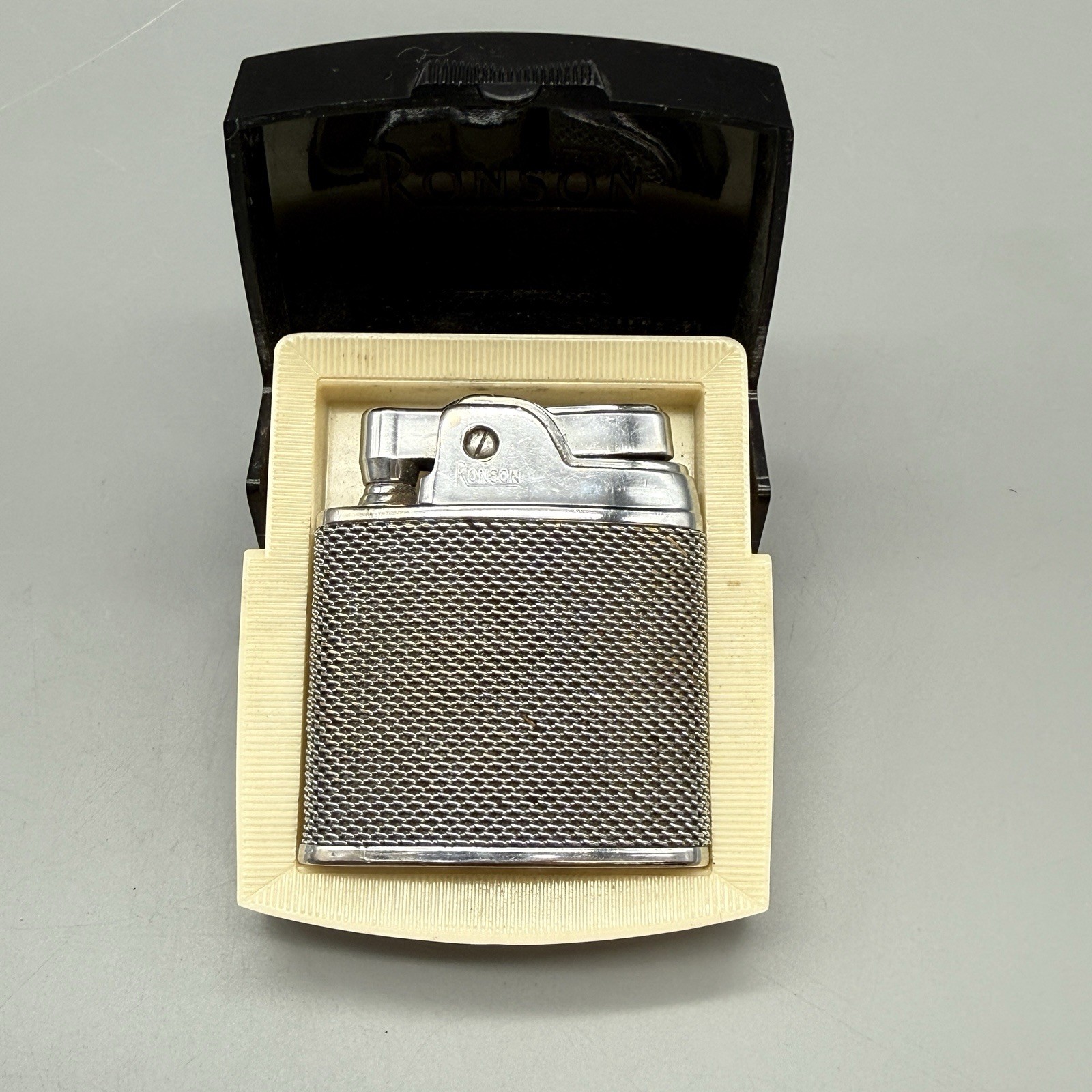 Vtg Ronson Sport Lighter & Case 1940 1950s Newark Nj Usa Silver Mesh For Repair