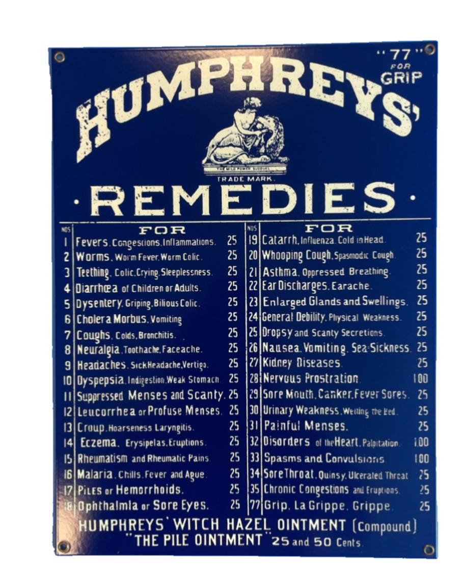 Vintage Humphreys' Remedies heavy Porcelain enamel Sign 12”x16” apothecary drugs