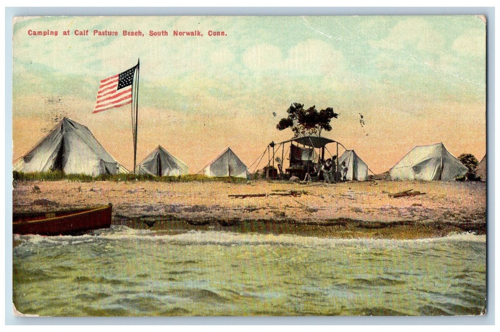 South Norwalk California Postcard Camping At Calf Pasture Beach 1911 Antique