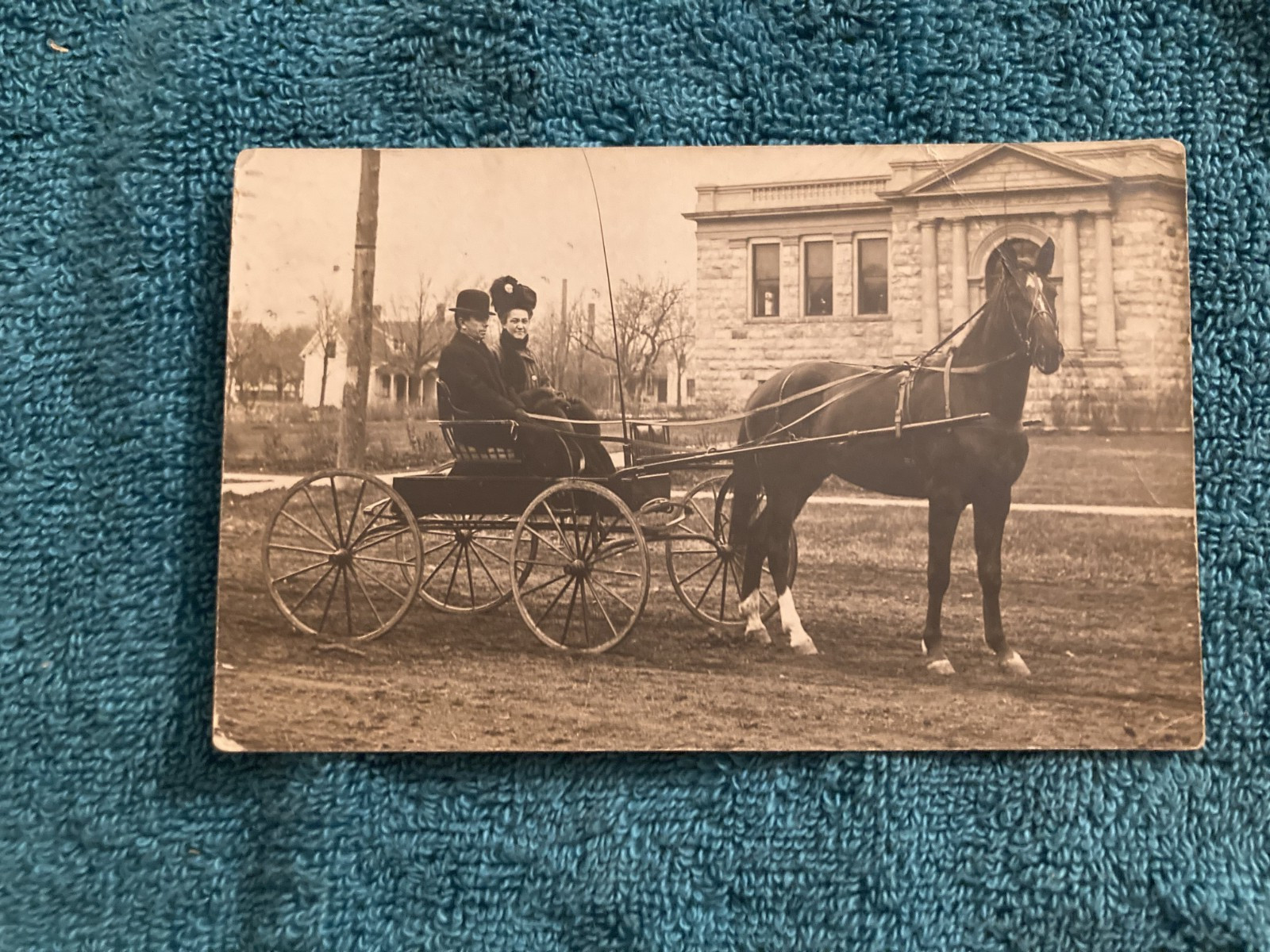 RPPC Horse & Buggy Couple on Grand River in Front New Library Howell Michigan RPPC Horse & Buggy Couple on Grand River in Front New Library Howell Michigan