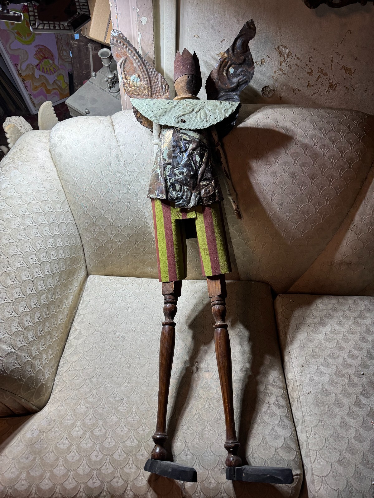 Large Antique Painted Angel Wood And Metal Primitive Folk Art Figure - 46