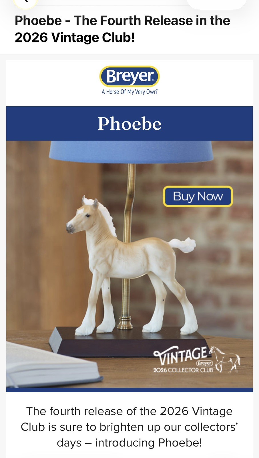 Breyer 2026 Vintage Club Phoebe (gypsy Vanner Foal) Lamp *No Stablemate*