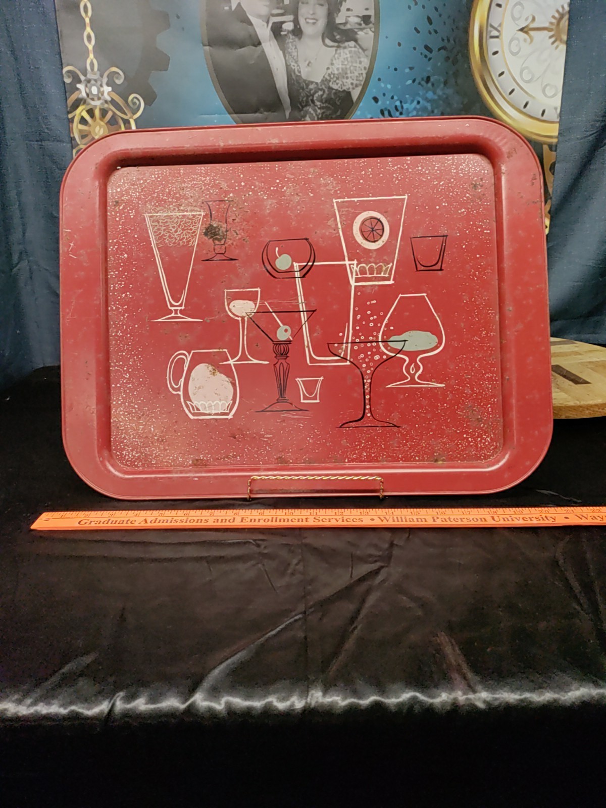 Vintage MCM Metal Serving Tray With Atomic Cocktail Motif As Is