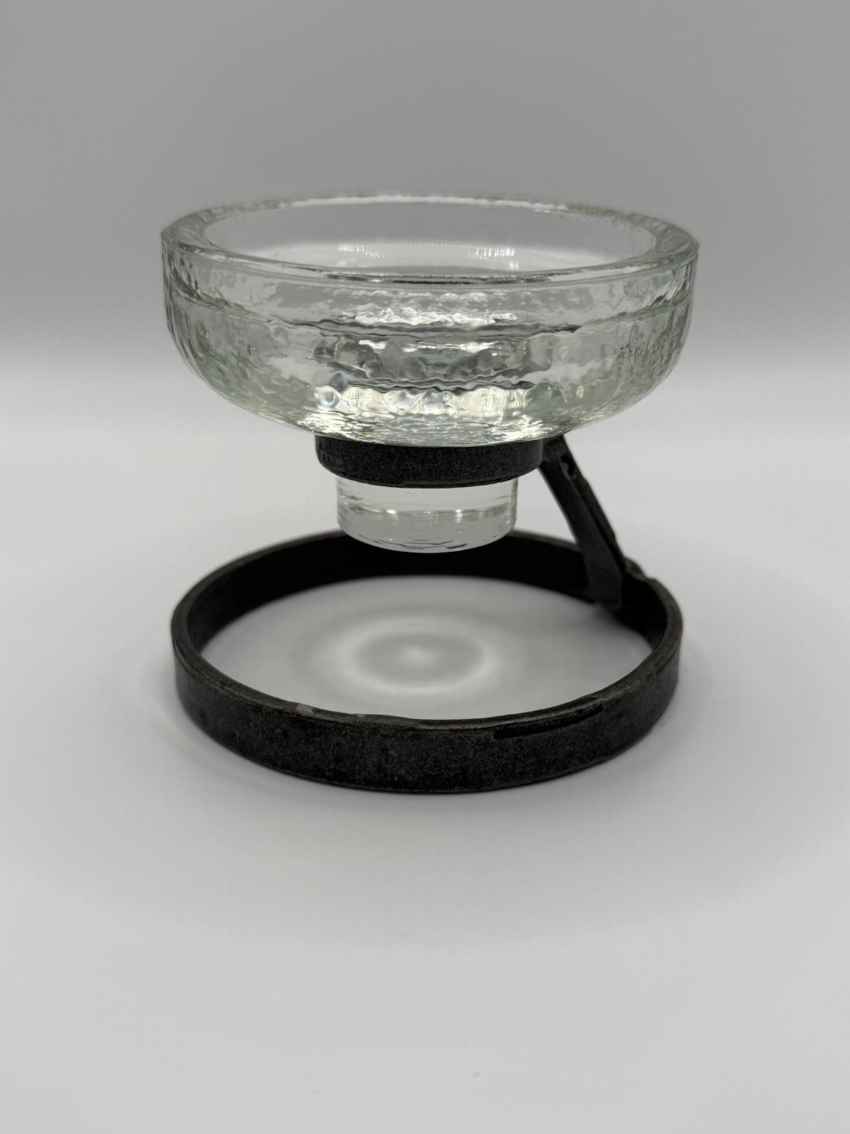 MCM Danish Hand Forged Wrought Iron Ring Base Candleholder Textured Glass Votive