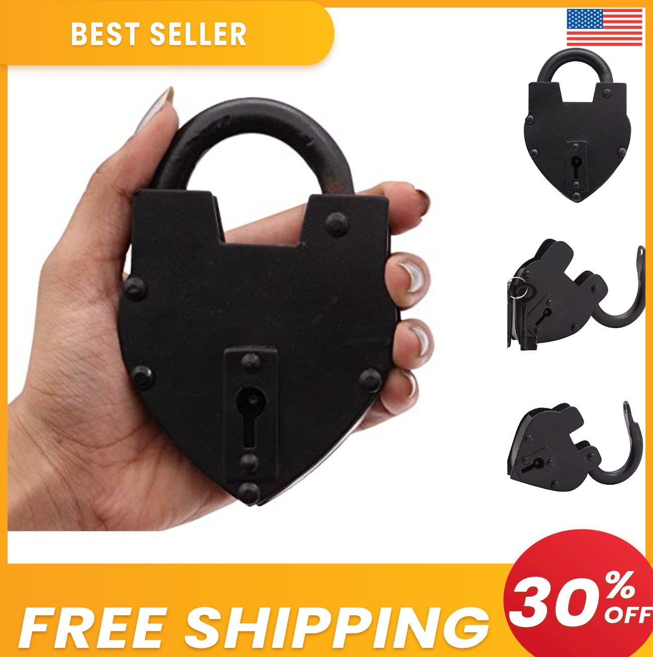 Vintage Style Heart Padlock 5 Inch Cast Iron 2 Skeleton Keys Black For Trunk