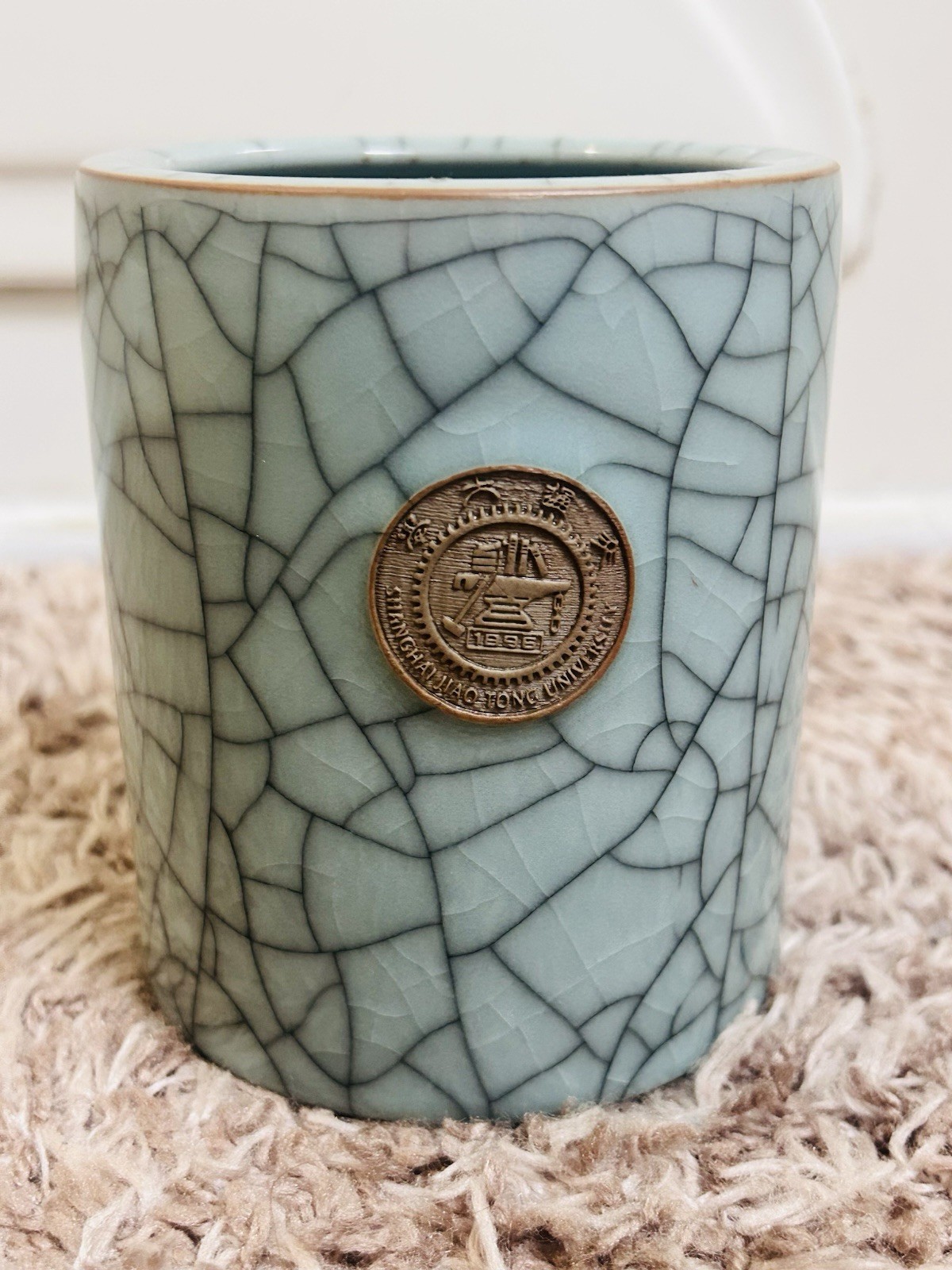 Vintage Chinese Celadon Green Crackle Cup Shanghai Jiao Tong University Insignia Vintage Chinese Celadon Green Crackle Cup Shanghai Jiao Tong University Insignia