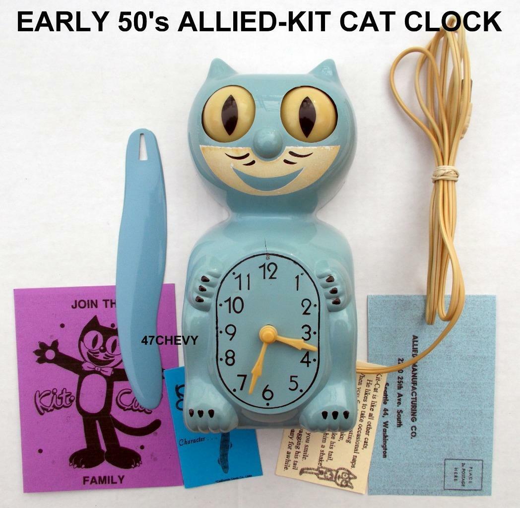 EARLY 50s-ANTIQUE-VINTAGE-ALLIED-BLUE-KIT CAT KLOCK-KAT CLOCK-ELECTRIC-ORIGINAL