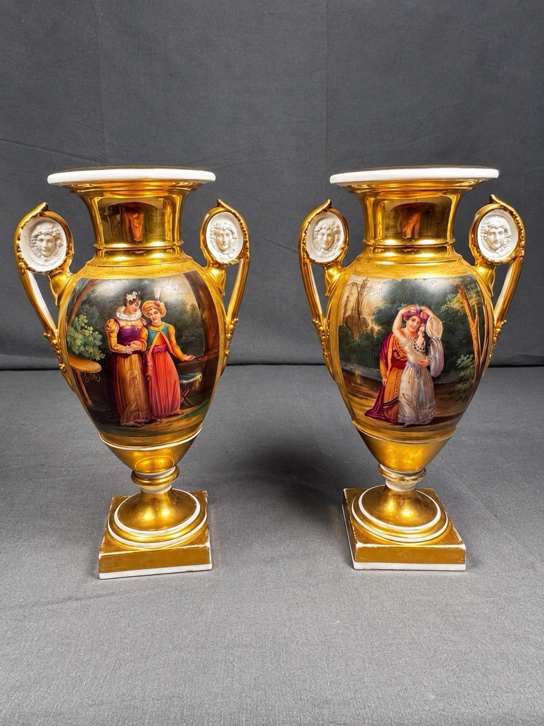 Antique French Urn Vases Pair Gold Tone Romantic Scenes Cameo Handles