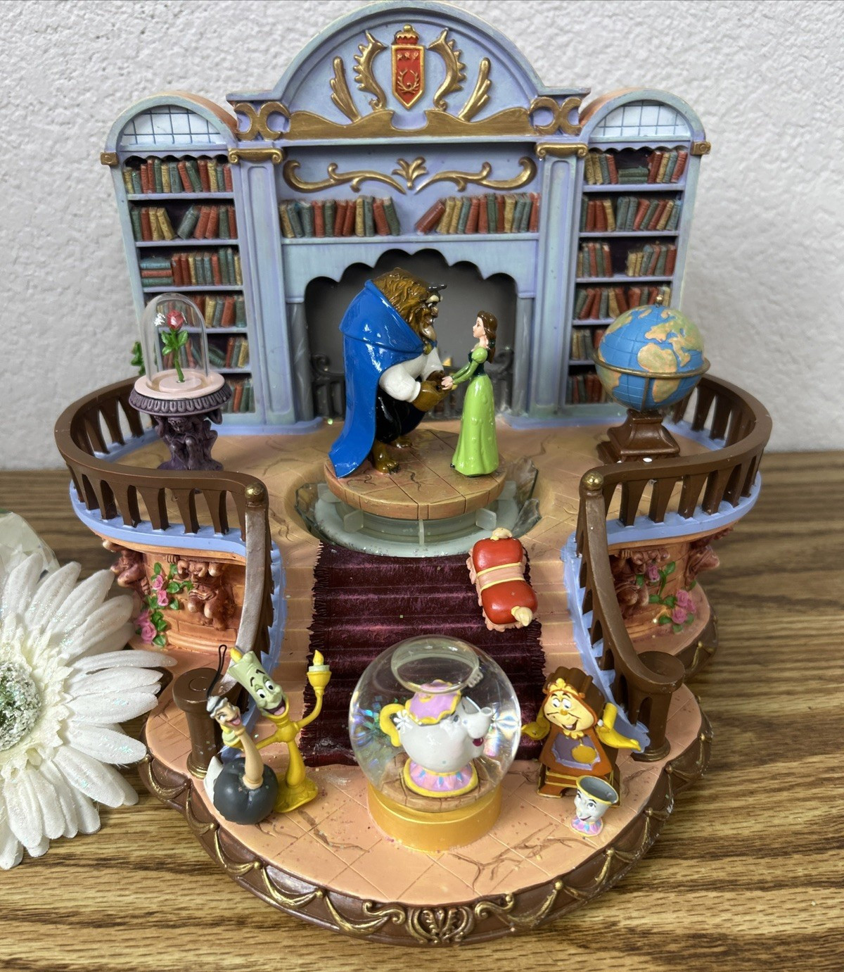 Rare Vintage Disney Beauty Beast Library Snow Globe Music Box 1991 Broken Globe