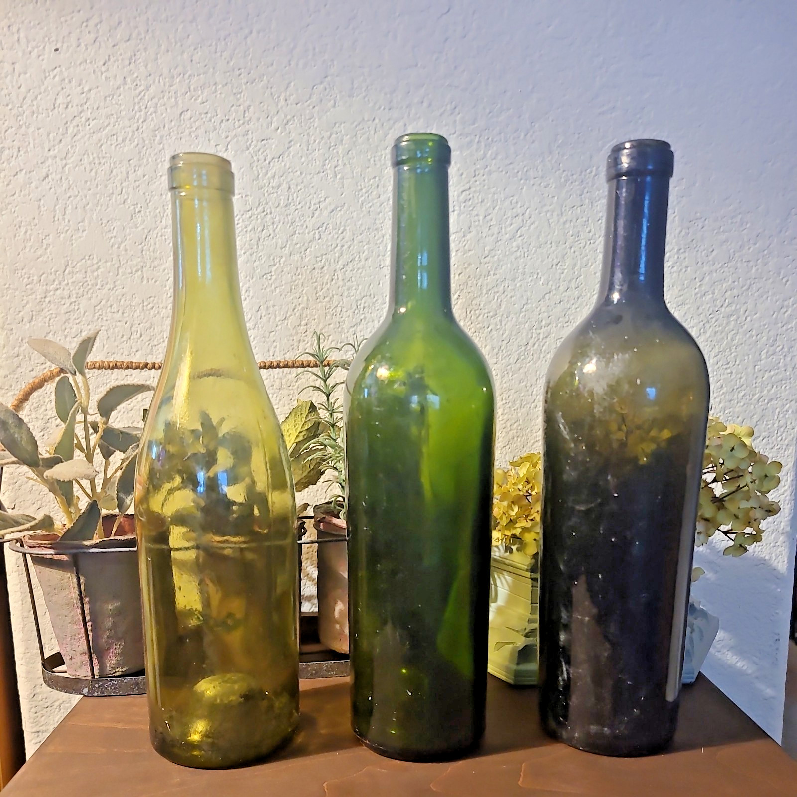 Trio of Antique Glass Bottles Dark Green Indented Bottoms 1in - 3in