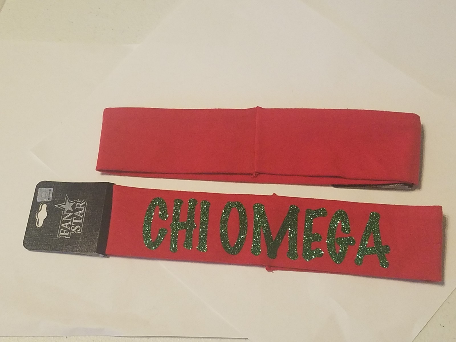 CHI OMEGA  Sorority FABRIC Headband NWT SPELLED - Red and Green SPARKLE