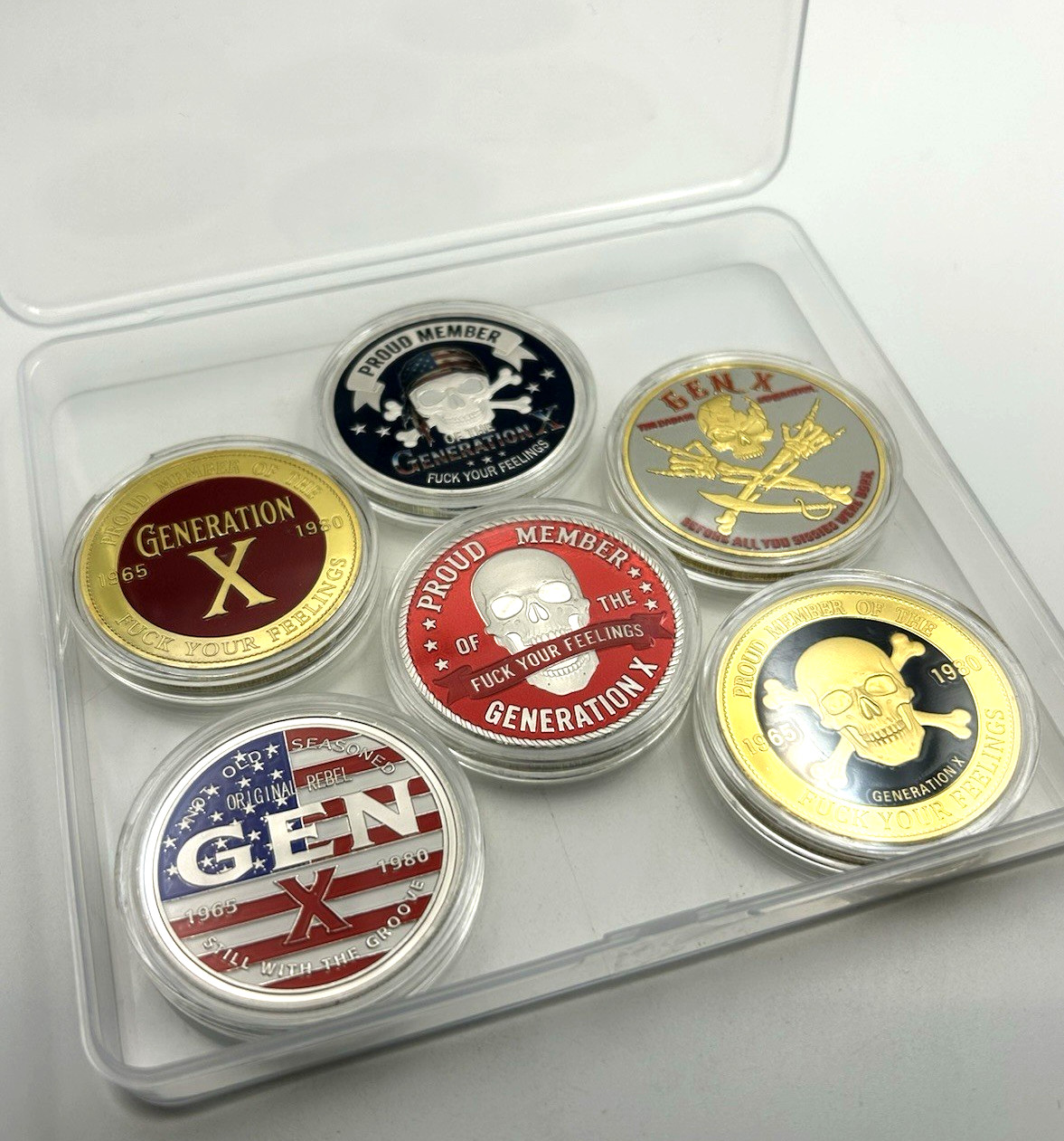 6 PC SET 💀 GEN-X 1965-1980 Skull *BADAS$ Generation Challenge Coins Medals