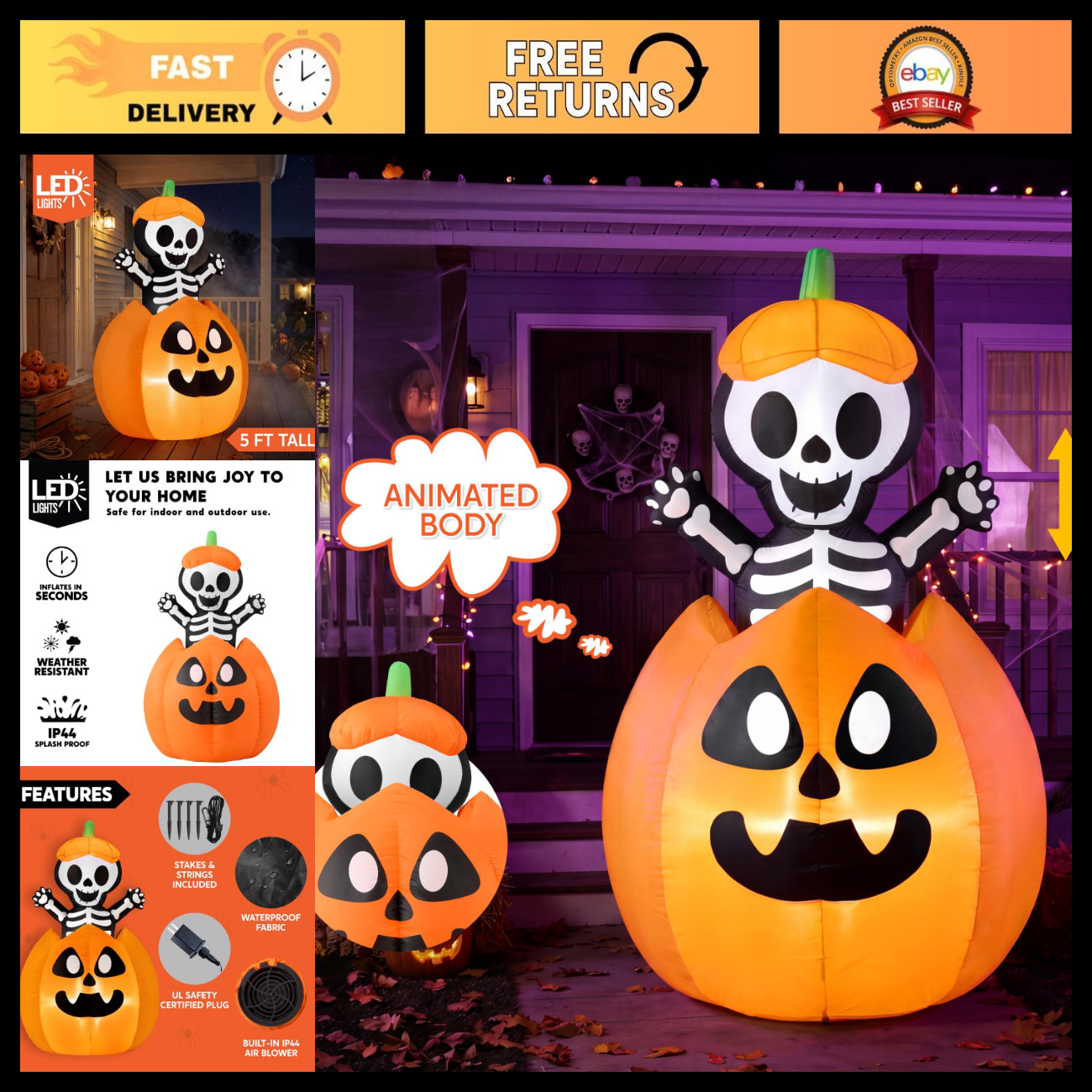 5FT Halloween Inflatable Skeleton on Pumpkin with LEDs - Outdoor Yard Decor, Cut 5FT Halloween Inflatable Skeleton on Pumpkin with LEDs - Outdoor Yard Decor, Cut
