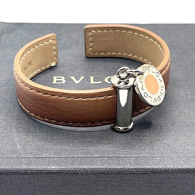 Bvlgari Leather Bangle Bracelet Brown Plate for Women