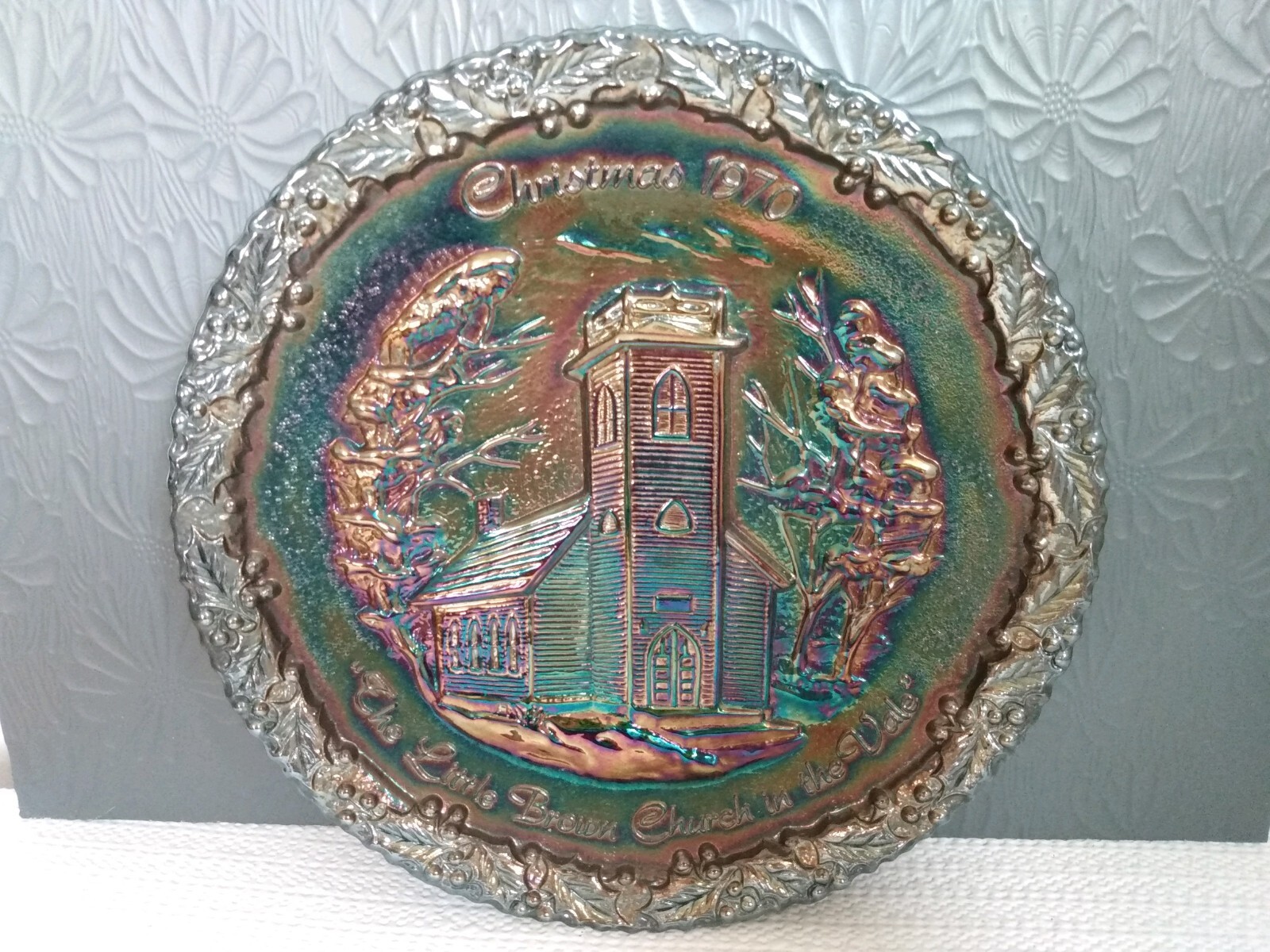 Fenton Christmas 1970 Church Amethyst Carnival Glass Plate No. 1 Handmade