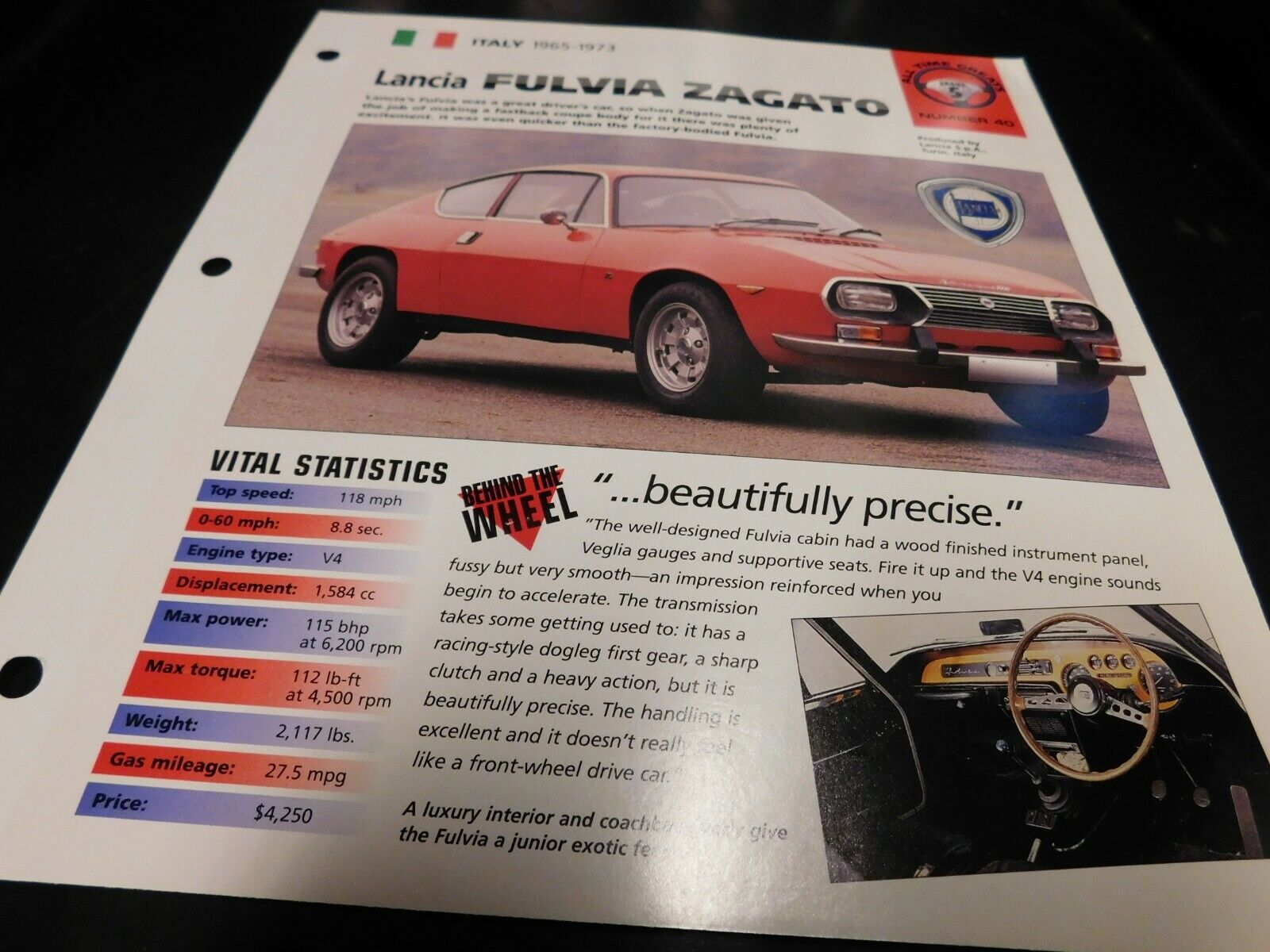 1965-1973 Lancia Fulvia Zagato Spec Sheet Brochure Photo Poster 66 67 68 69 70