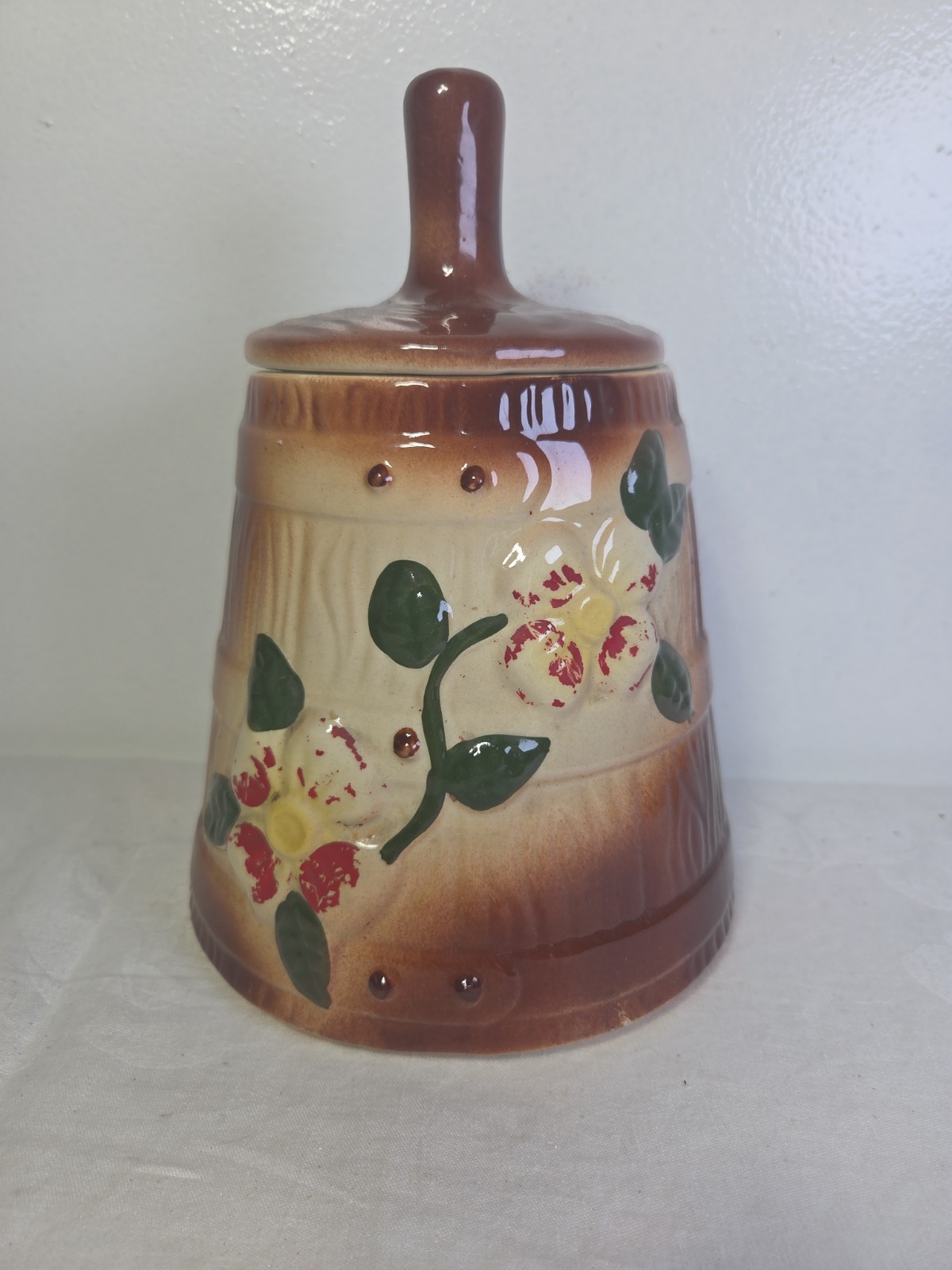 Vintage McCoy Pottery Butter Churn 1930\'s Ceramic Cookie Jar Flowers Brown 