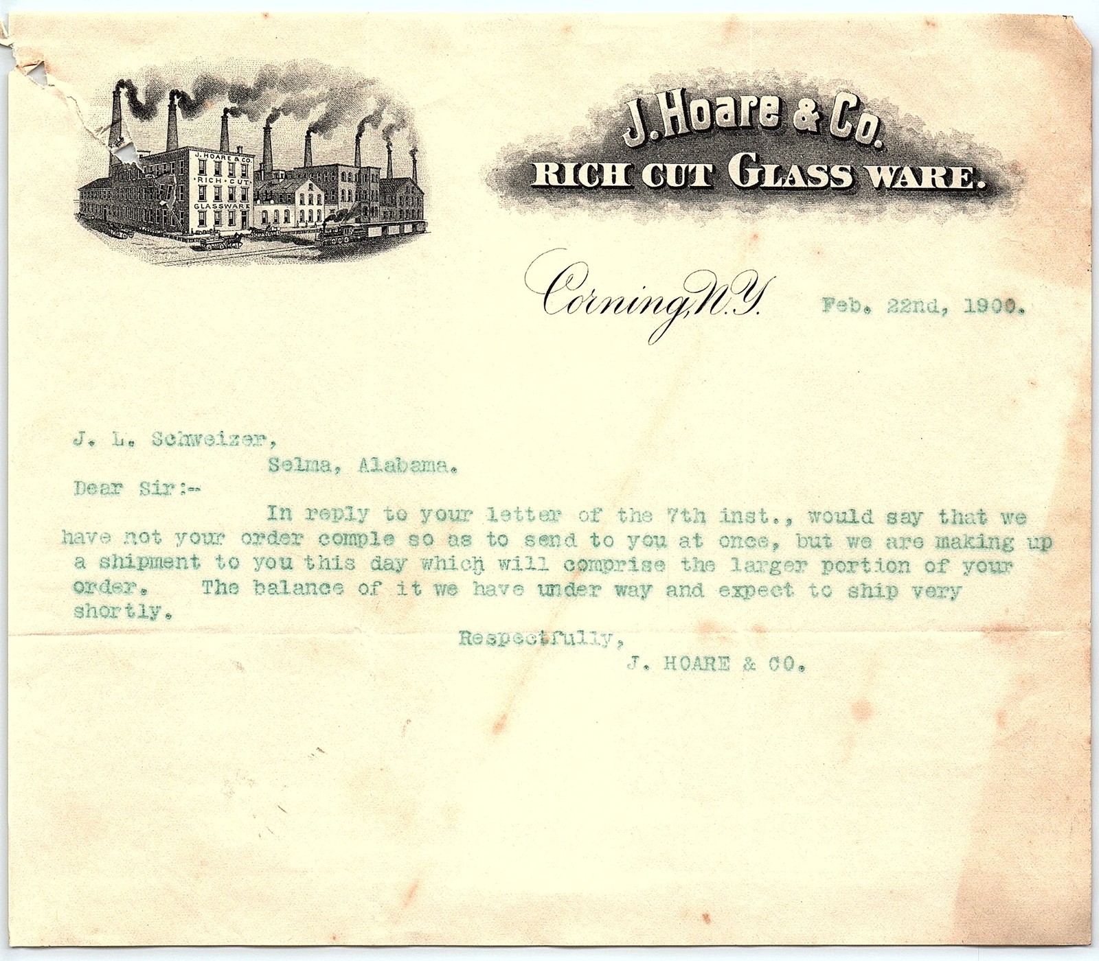 1900 J. Hoare & Co. Rich Cut Glass factory letterhead