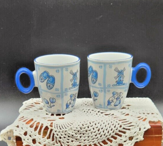 Vintage Blue and White Dutch Themed Coffee Mugs - Set of 2