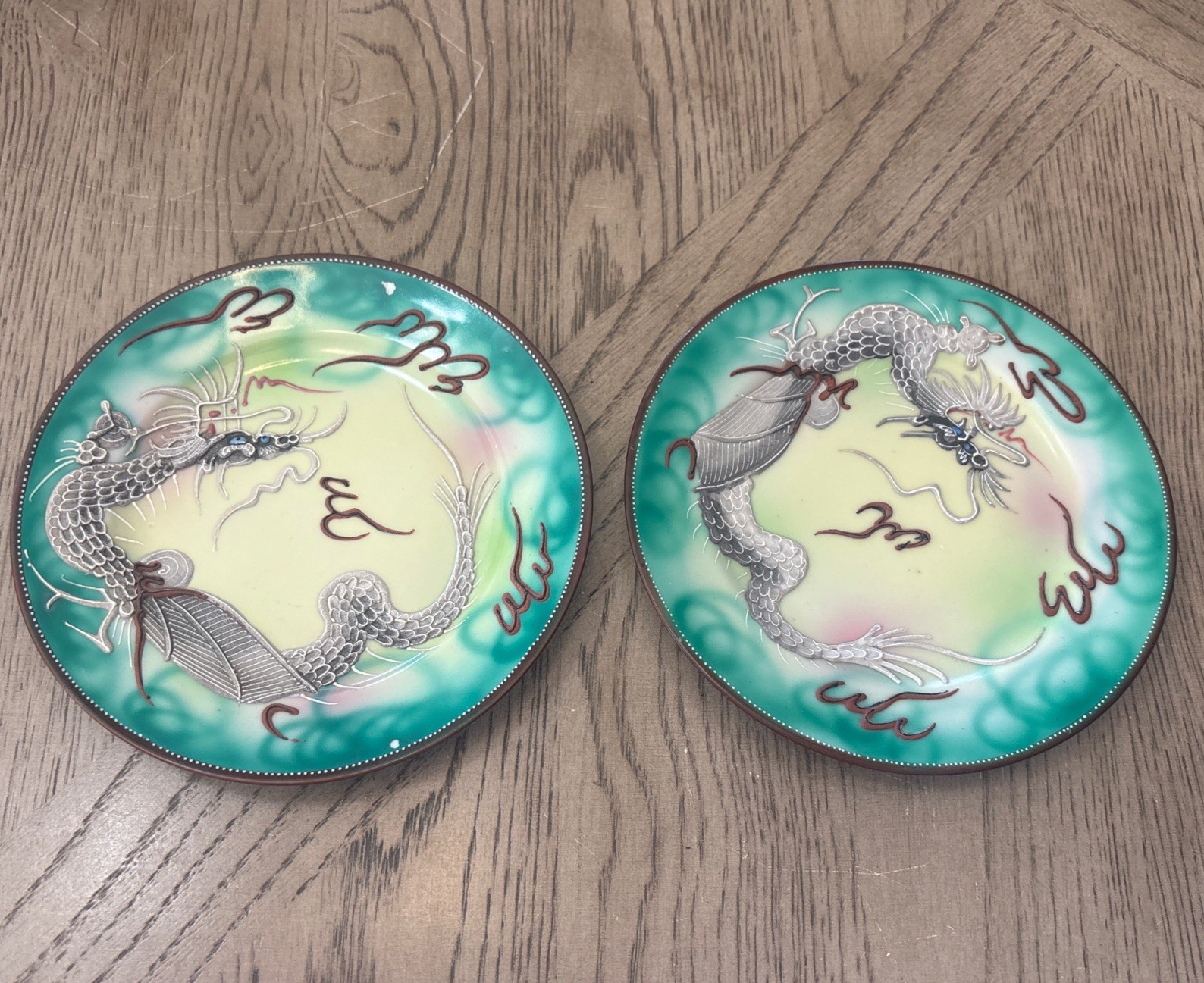 Vintage Japanese Moriage Dragonware Plates Set of 2 Green Rim 3D - As Is Read