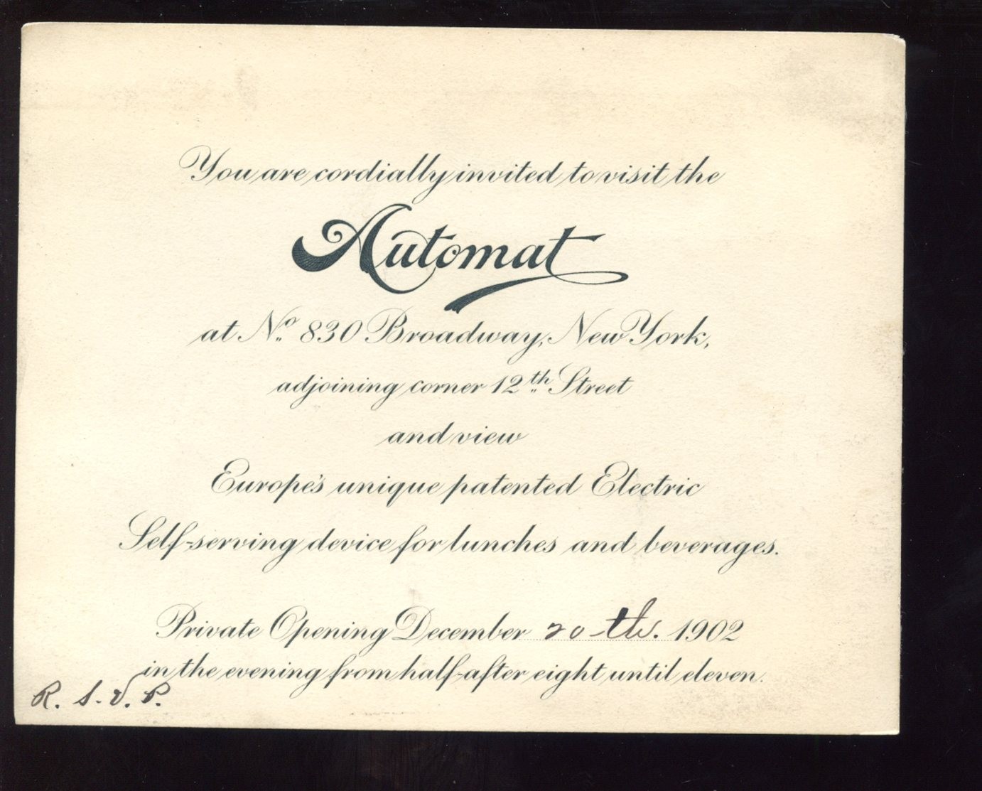December 20 1902 New York City 1st Automat Invitation Card HISTORIC
