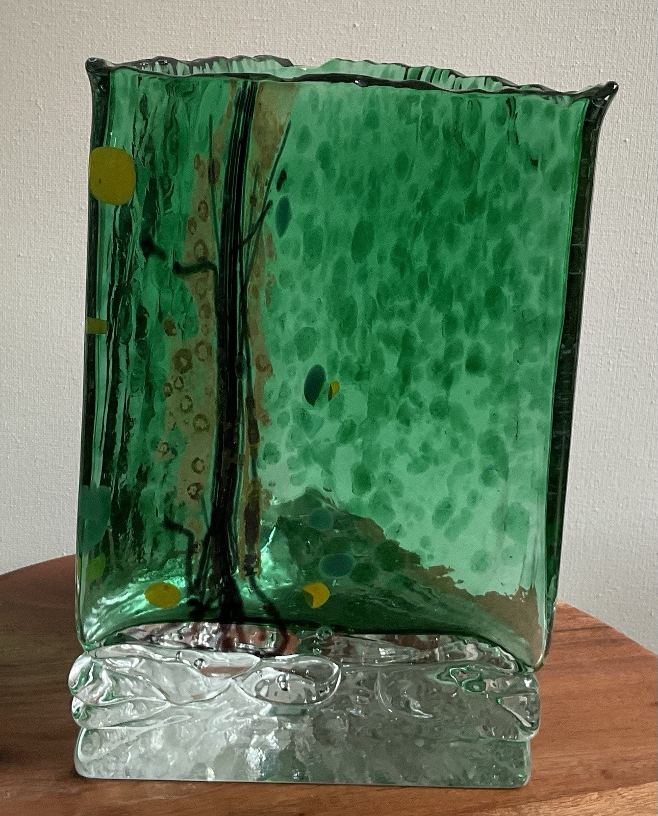 Vintage Beranek MCM Green Glass Triangle Clear Base Czech Art Vase  8\