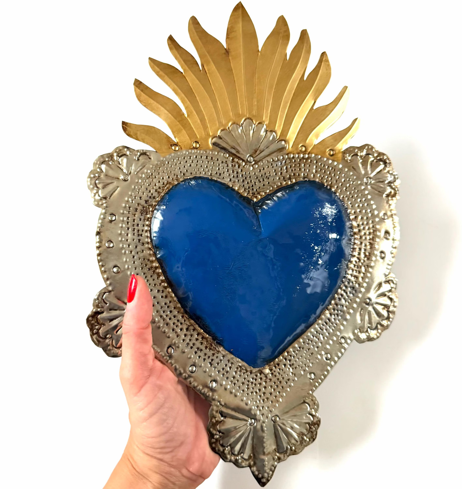 Mexican Tin Sacred Heart, Crown Hand Painted Milagro Wall Decor, Handmade Folk A