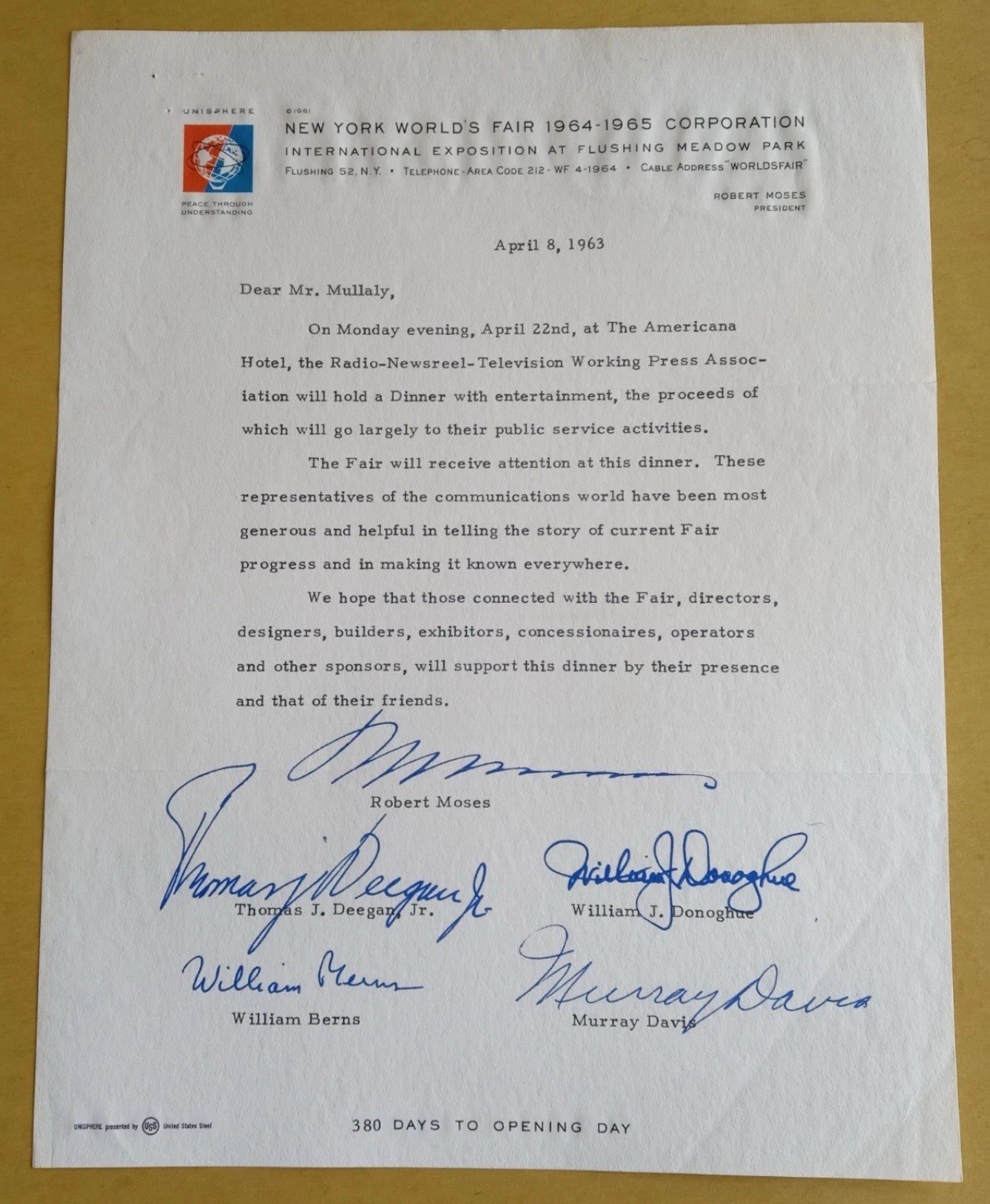 1963 NEW YORK WORLD'S FAIR 1964-1965 CORPORATION LETTER WITH PRINTED SIGNATURES