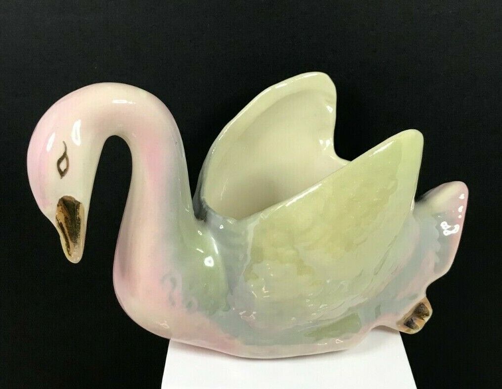 Vintage Swan Iridescent Pastel Porcelain Figurine Planter