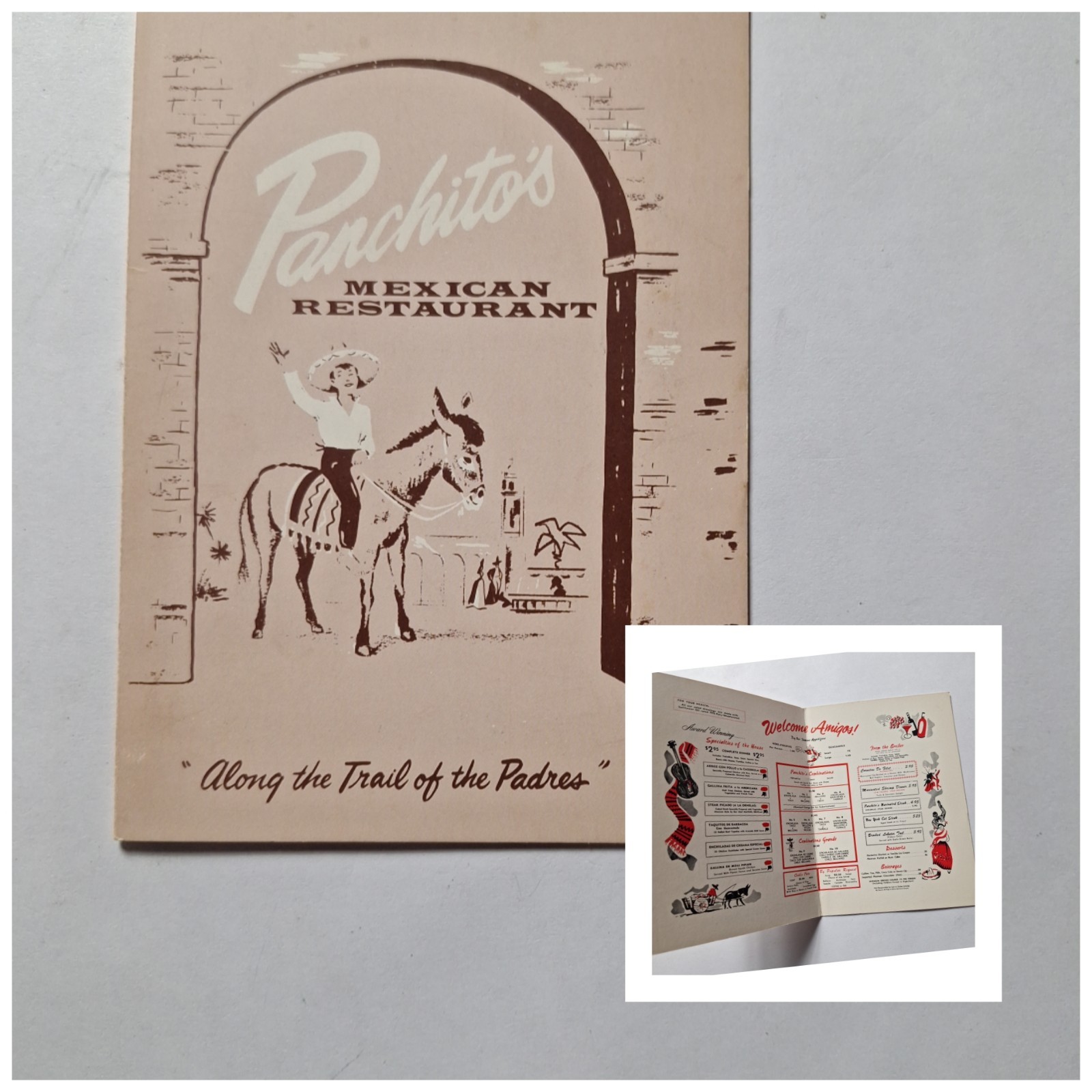Vtg San Gabriel CA Panchitos Mexican Restaurant Fold out Postcard
