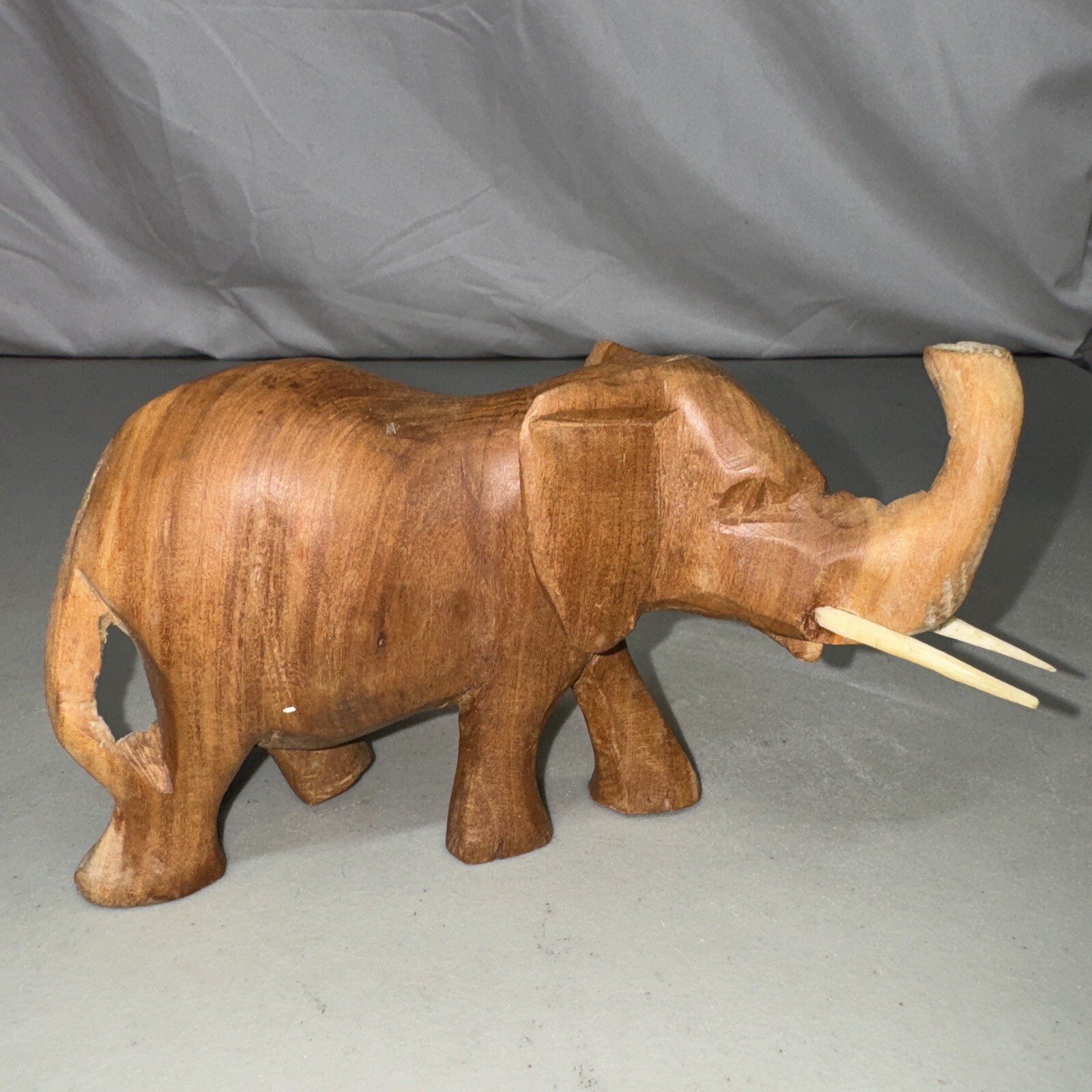 Wood Elephant Hand Carved Worn Primitive Rustic Statue Male Tusks Wooden