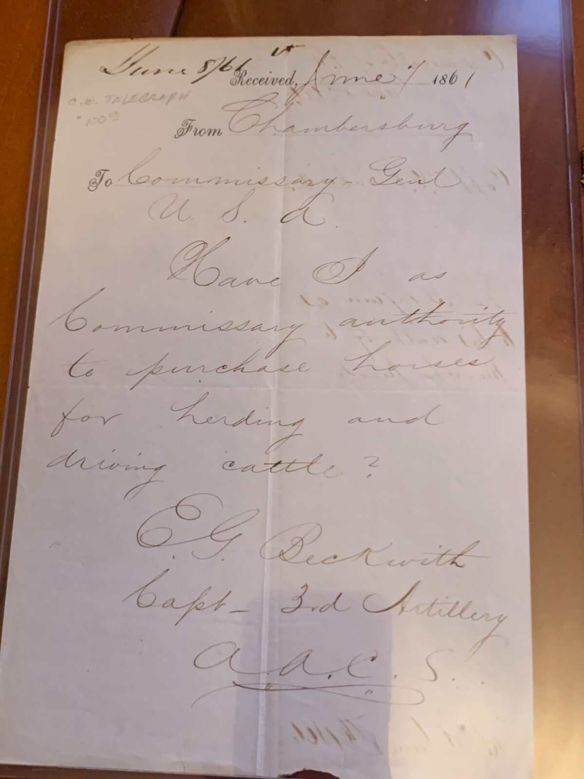 Rare 1861 Civil War Military Telegram from Captain E.G. Beckwith Chambersburg PA