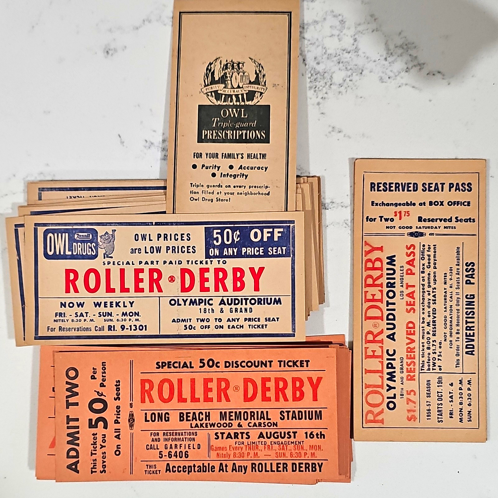 Vintage OWL Drugs Roller Derby Ticket Stubs & Passes Lot, Reserved Seat/Admit
