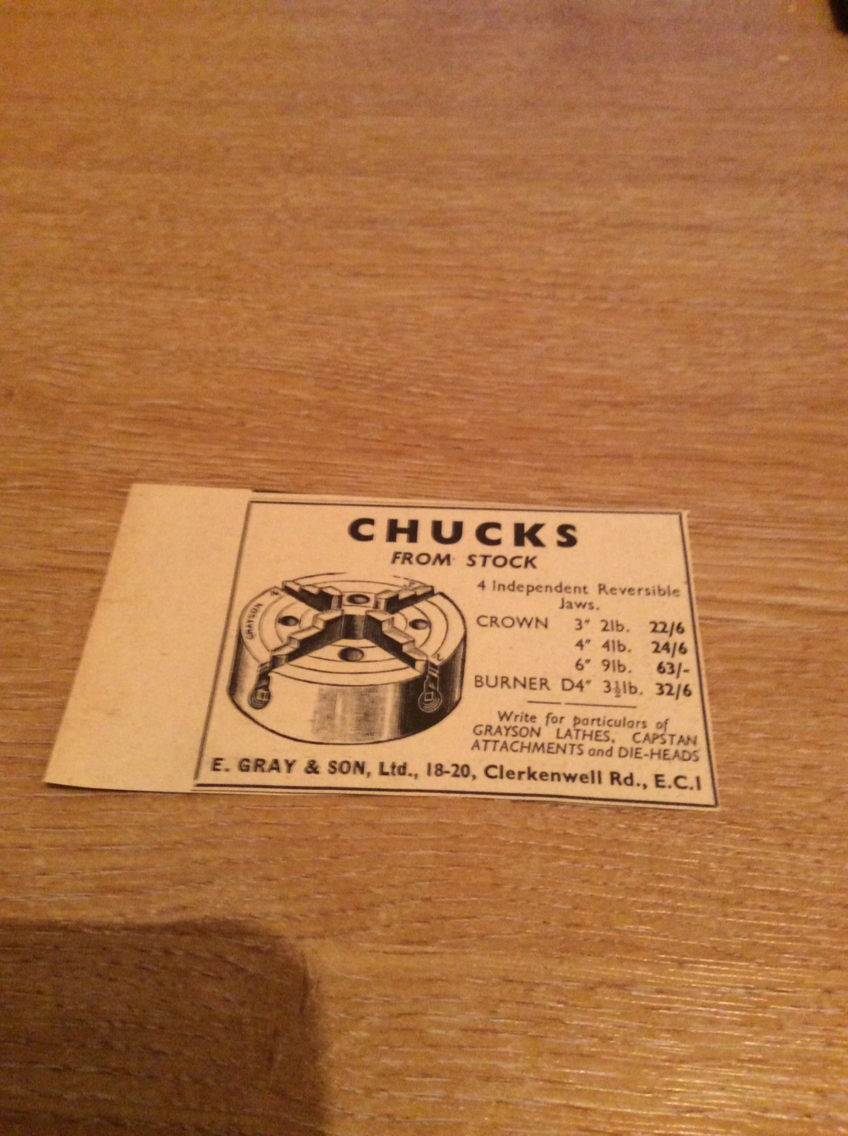 Q2e Ephemera 1941 Advert E Gray & Son Chucks Clerkenwell