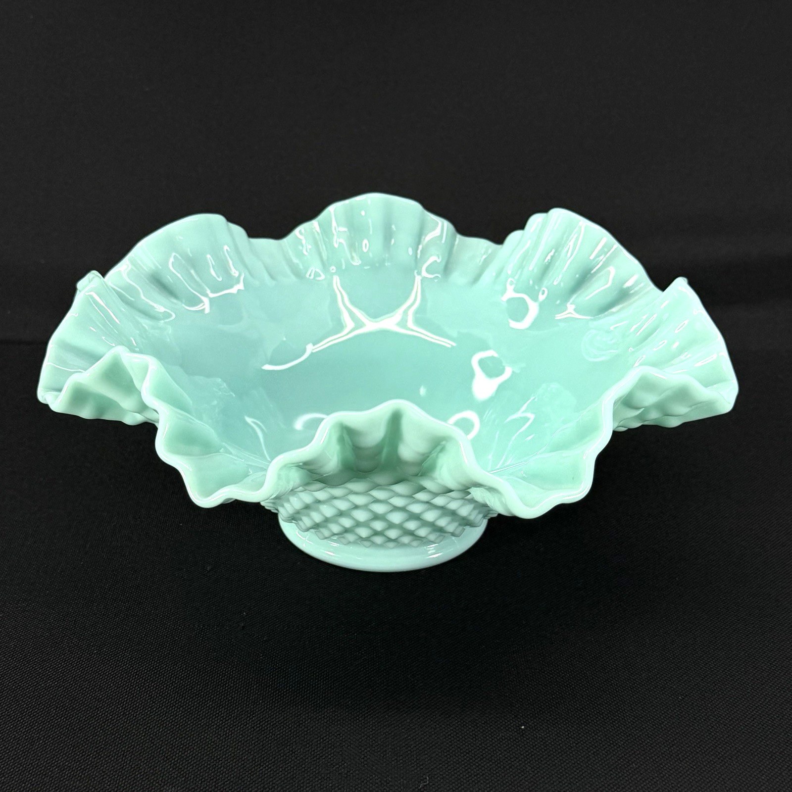 Vintage Fenton Hobnail Bowl, Turquoise Blue Milk Glass  Ruffled 10” 1950s