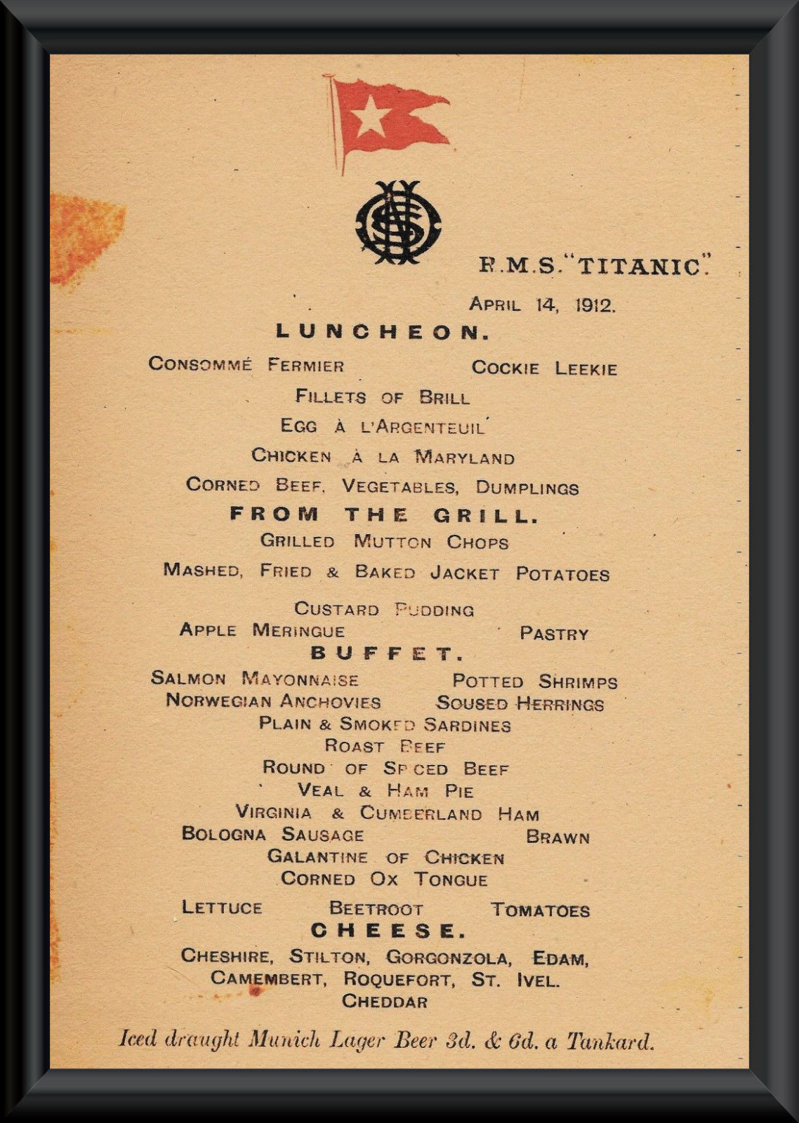 Titanic Last Menu White Star Line Reprint On Original Period 1912 Paper *P010