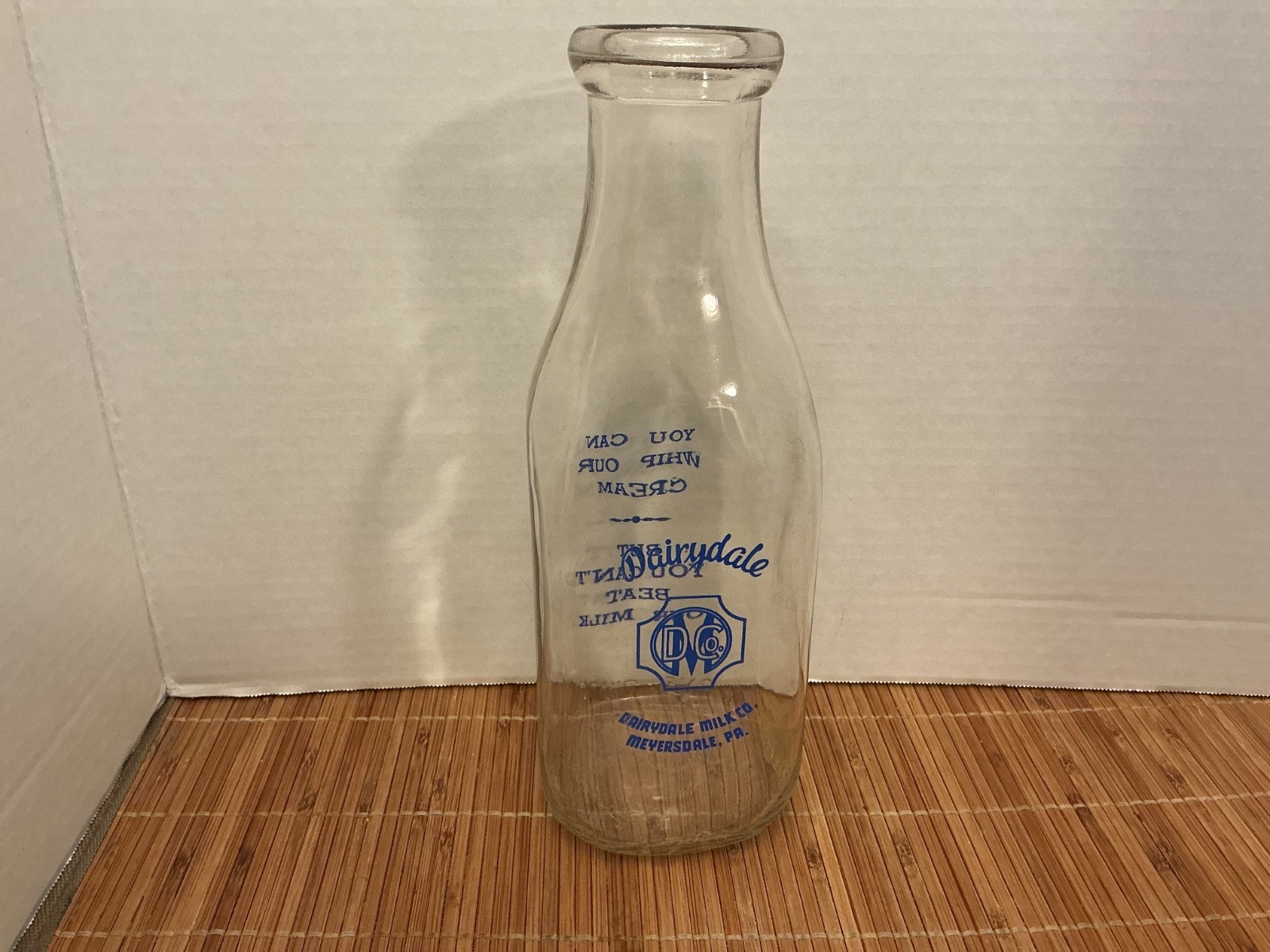 VIntage Diarydale Milk Co.Meyersdale, Pa bottle blue pro-glazed lettering 1 qt.