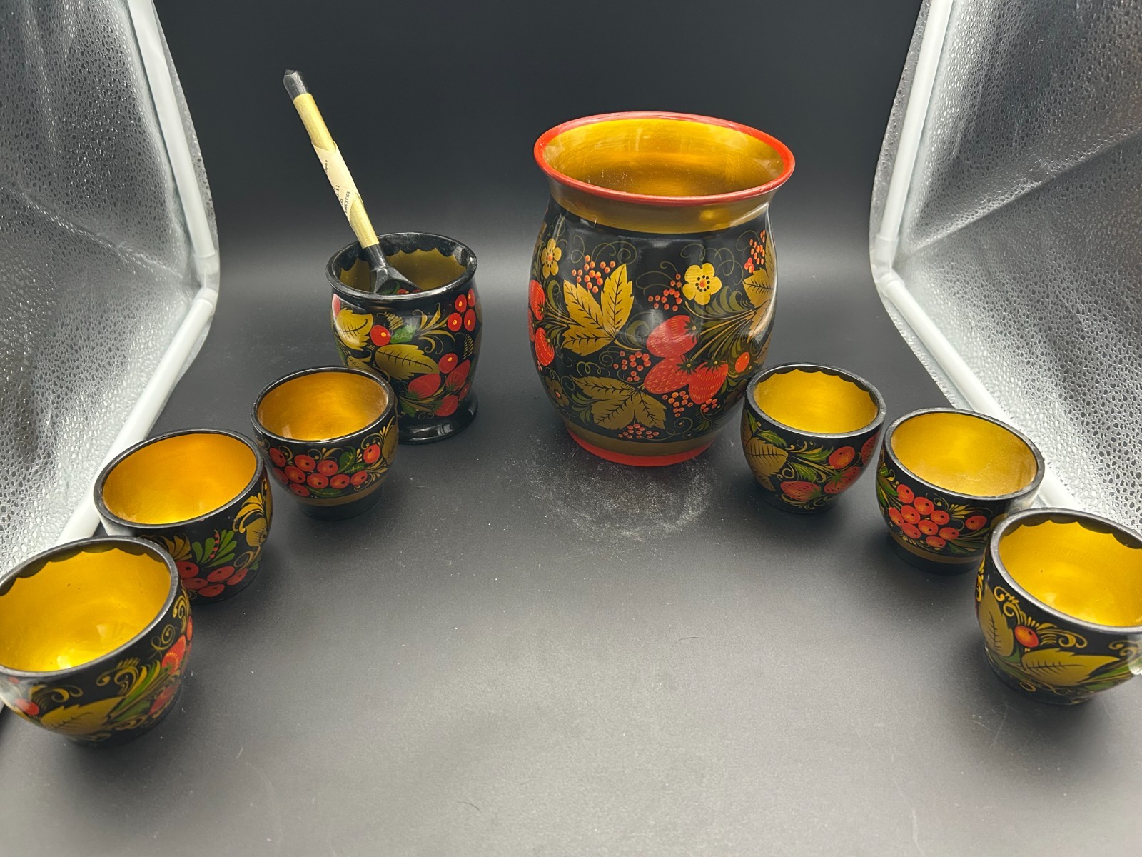 Vintage Russian Khokhloma Wooden Lacquer Set 9pc Strawberries USSR Folk Art