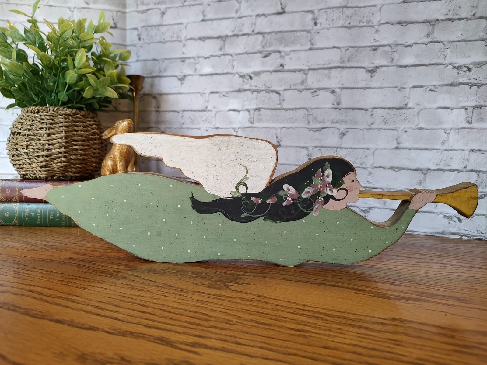 Vintage Wooden Folk Art Hand Painted Trumpeting Angel Cottagecore