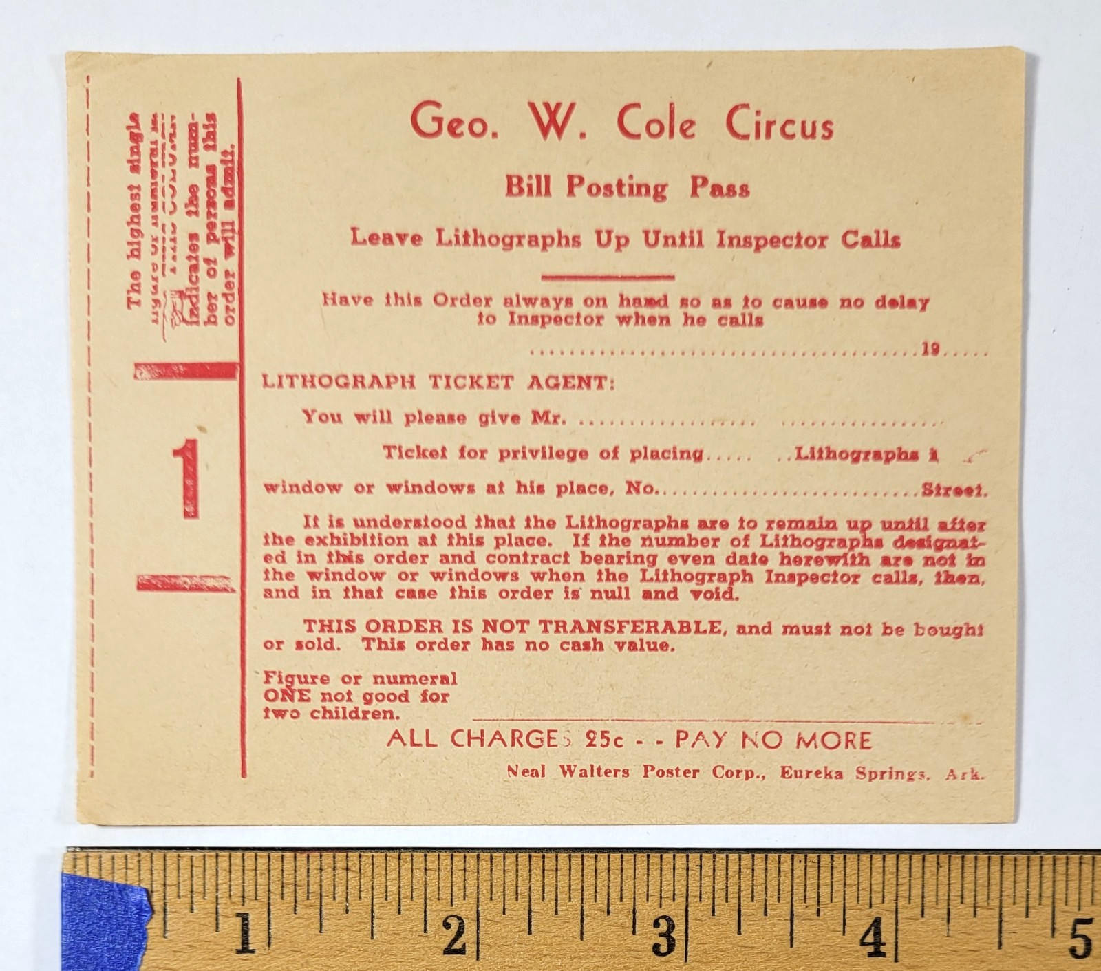 Geo. W. Cole Circus Bill Posting Pass Vintage Ephemera