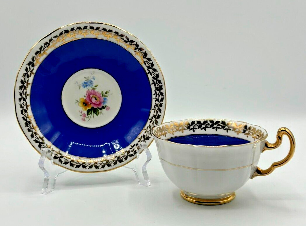 Vintage Adderley Bone China Cup & Saucer Set Blue/White/Gold Floral Design