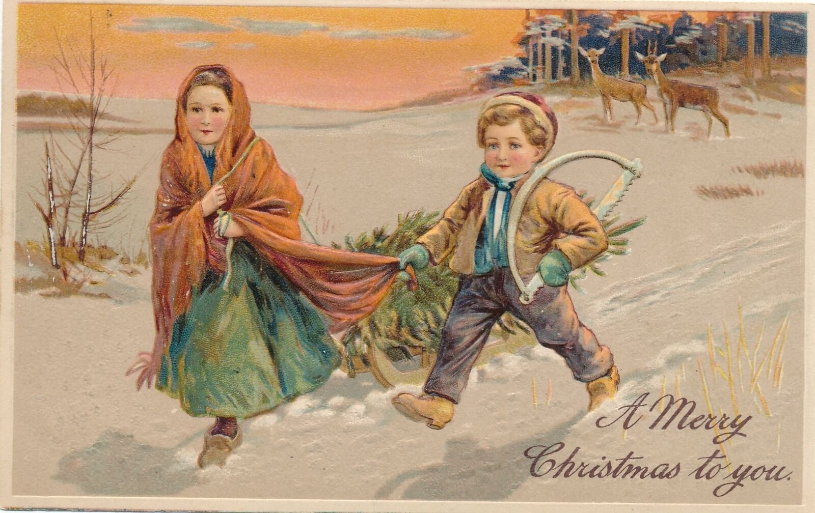 CHRISTMAS - Two Children Carrying Christmas Tree PFB Postcard